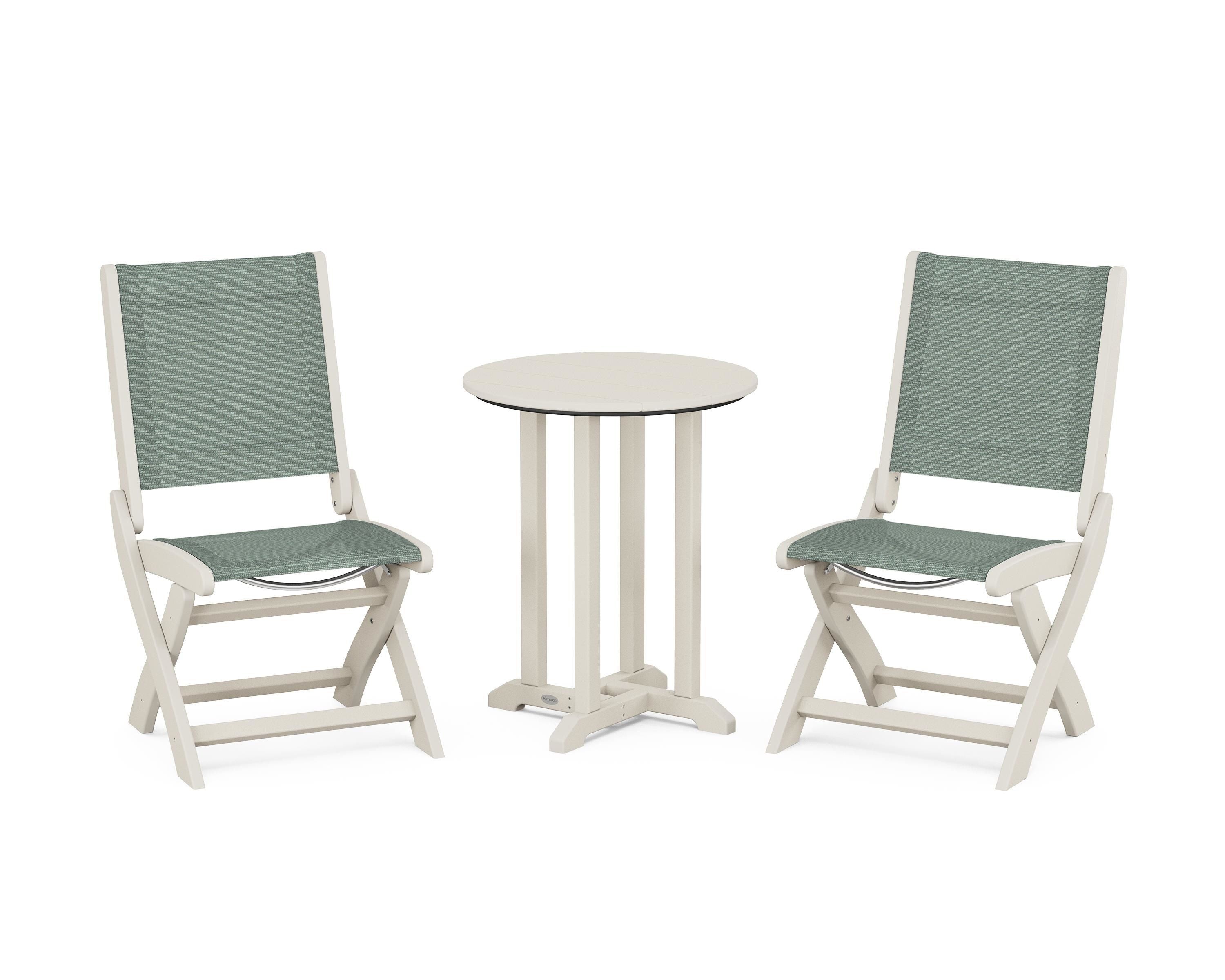 POLYWOOD® Coastal Folding Side Chair 3-Piece Round Bistro Dining Set in Sand / Dupioni Sea Mist Sling