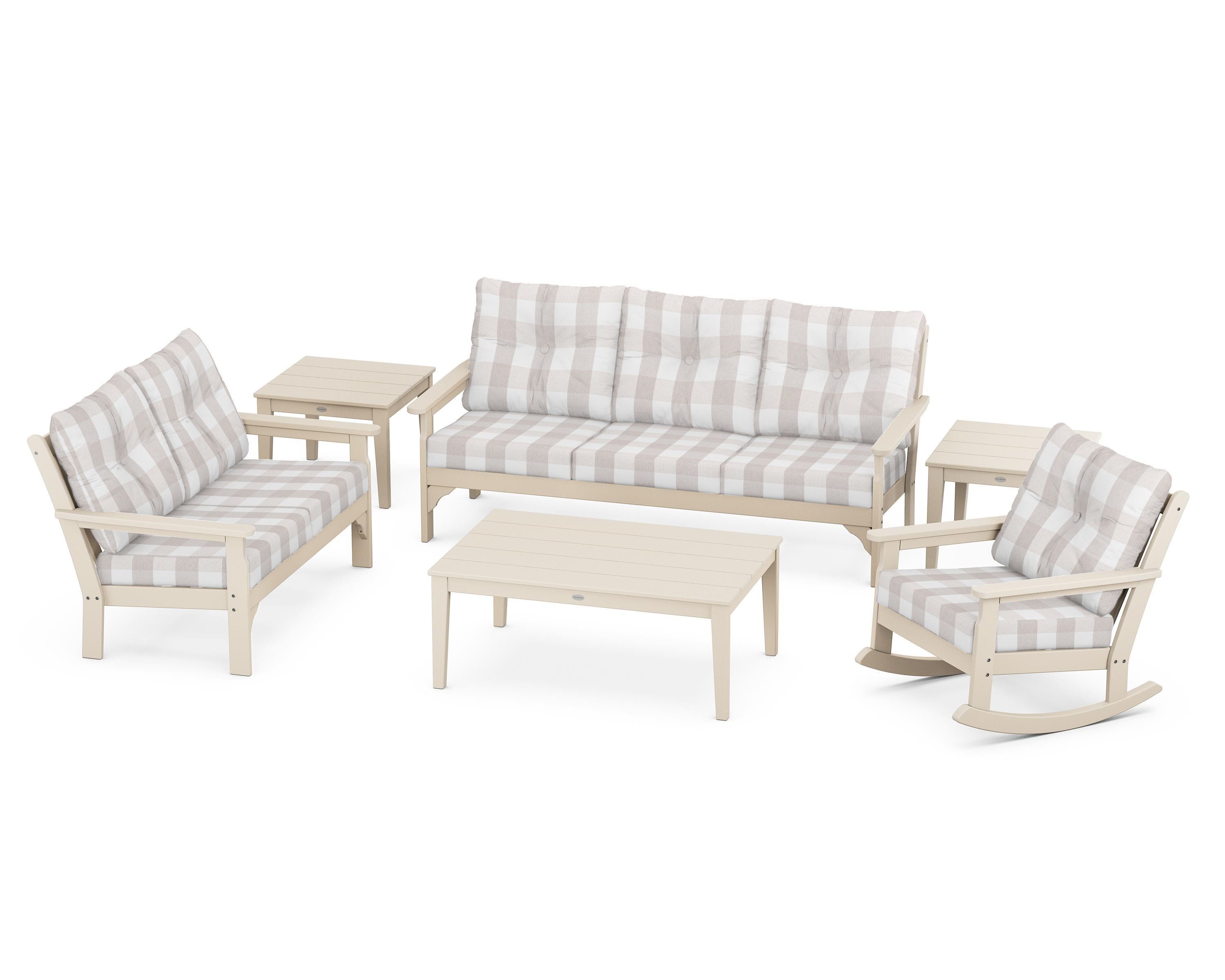 POLYWOOD® Vineyard 6-Piece Deep Seating Set in Sand / Buffalo Plaid Dune Burlap