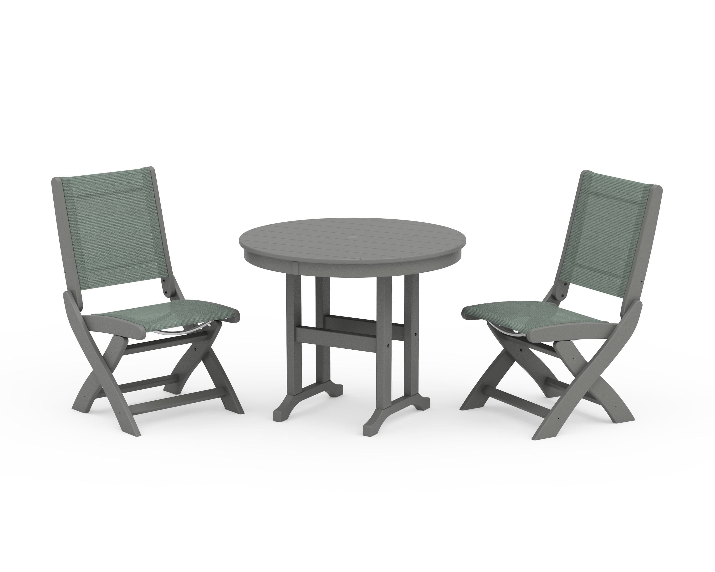 POLYWOOD® Coastal Folding Side Chair 3-Piece Round Dining Set in Slate Grey / Dupioni Sea Mist Sling