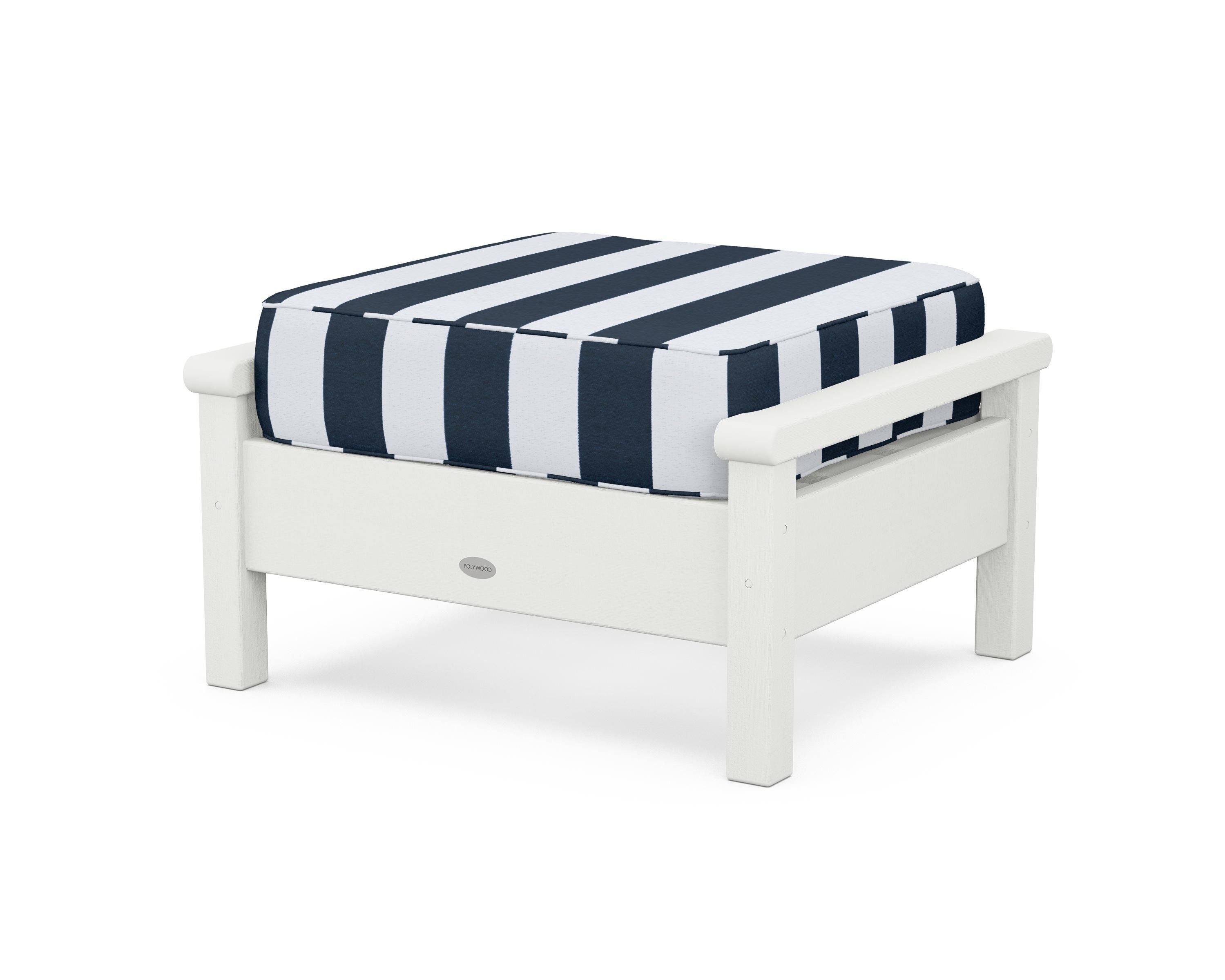 POLYWOOD® Harbour Deep Seating Ottoman in Vintage White / Cabana Stripe Marine Indigo