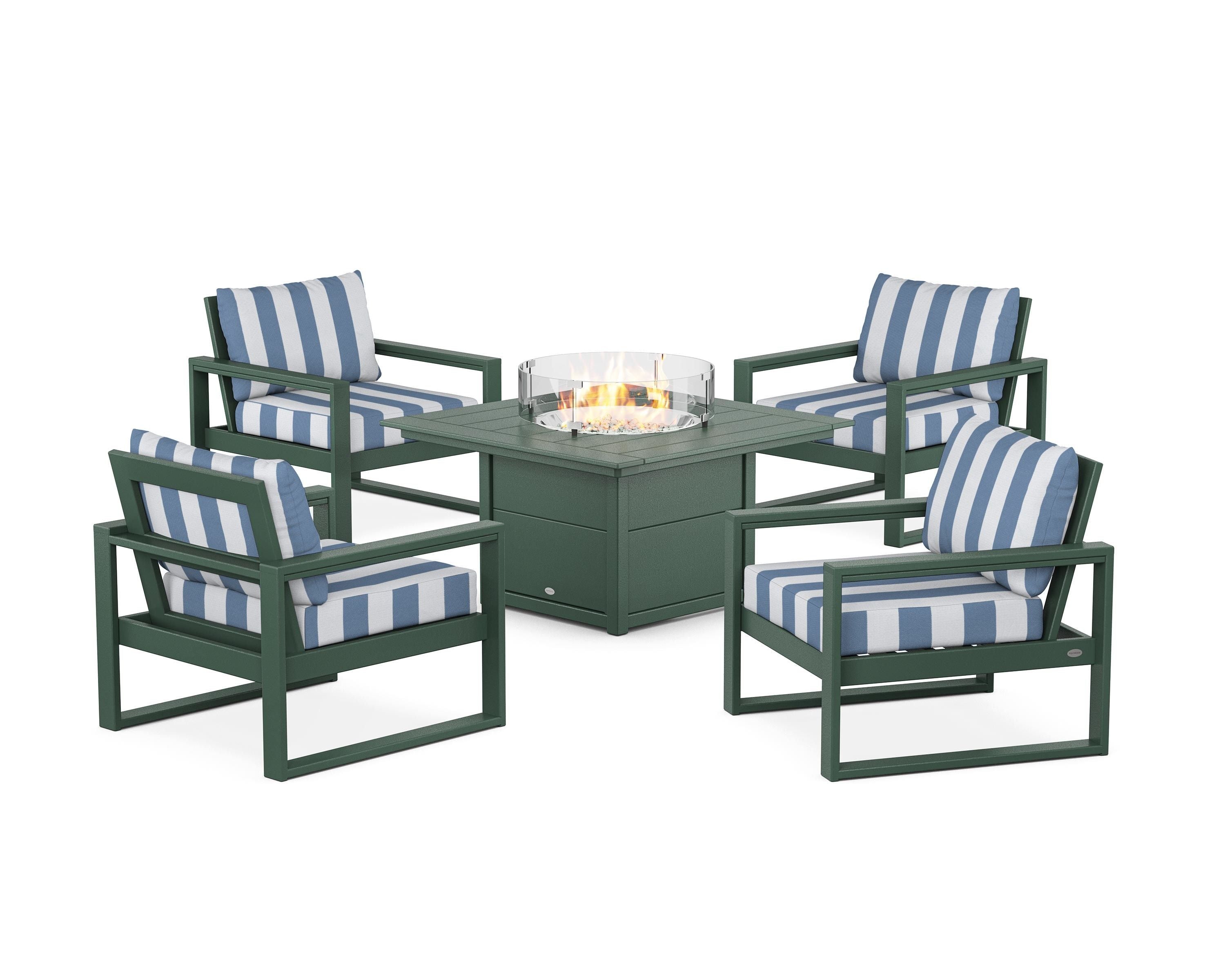 POLYWOOD® EDGE Sectional 5-Piece Deep Seating Set with Fire Pit Table in Green / Cabana Stripe Sky Blue