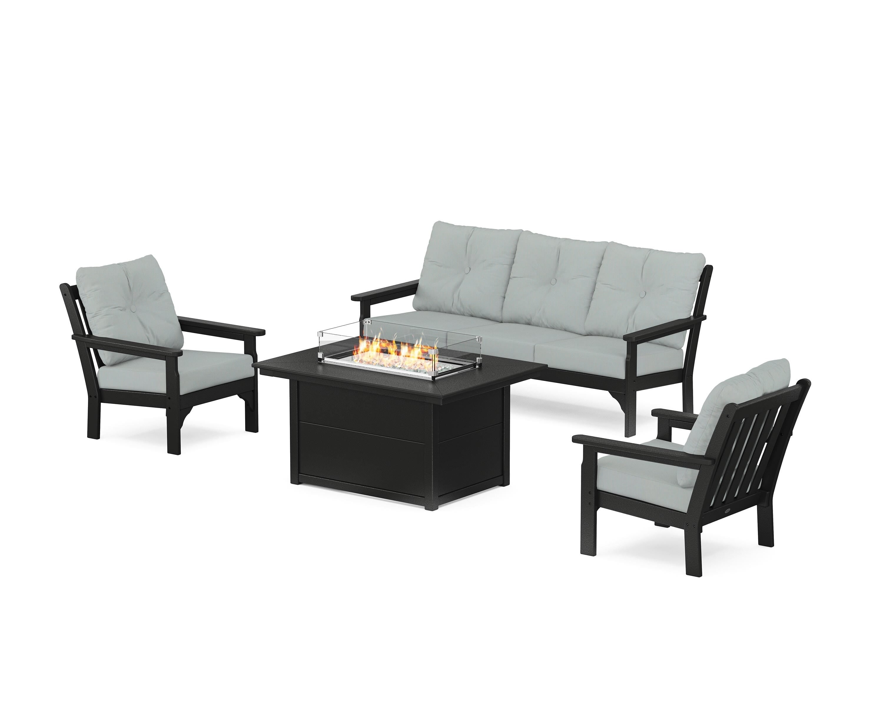 POLYWOOD® Vineyard Deep Seating Fire Pit Table Set in Black / Spa