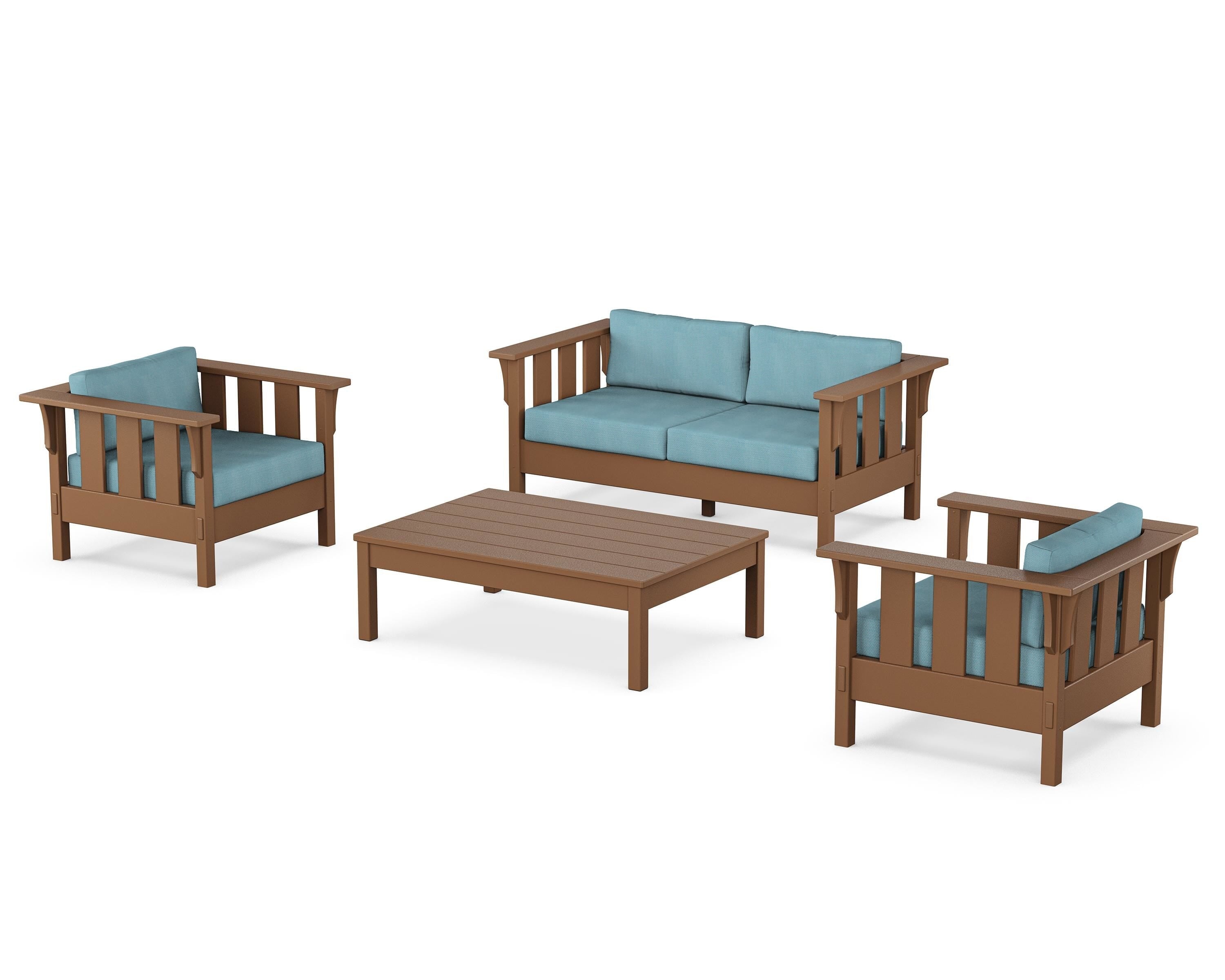 Martha Stewart by POLYWOOD® Acadia 4-Piece Deep Seating Set with Loveseat in Teak / Lattice Sky Blue