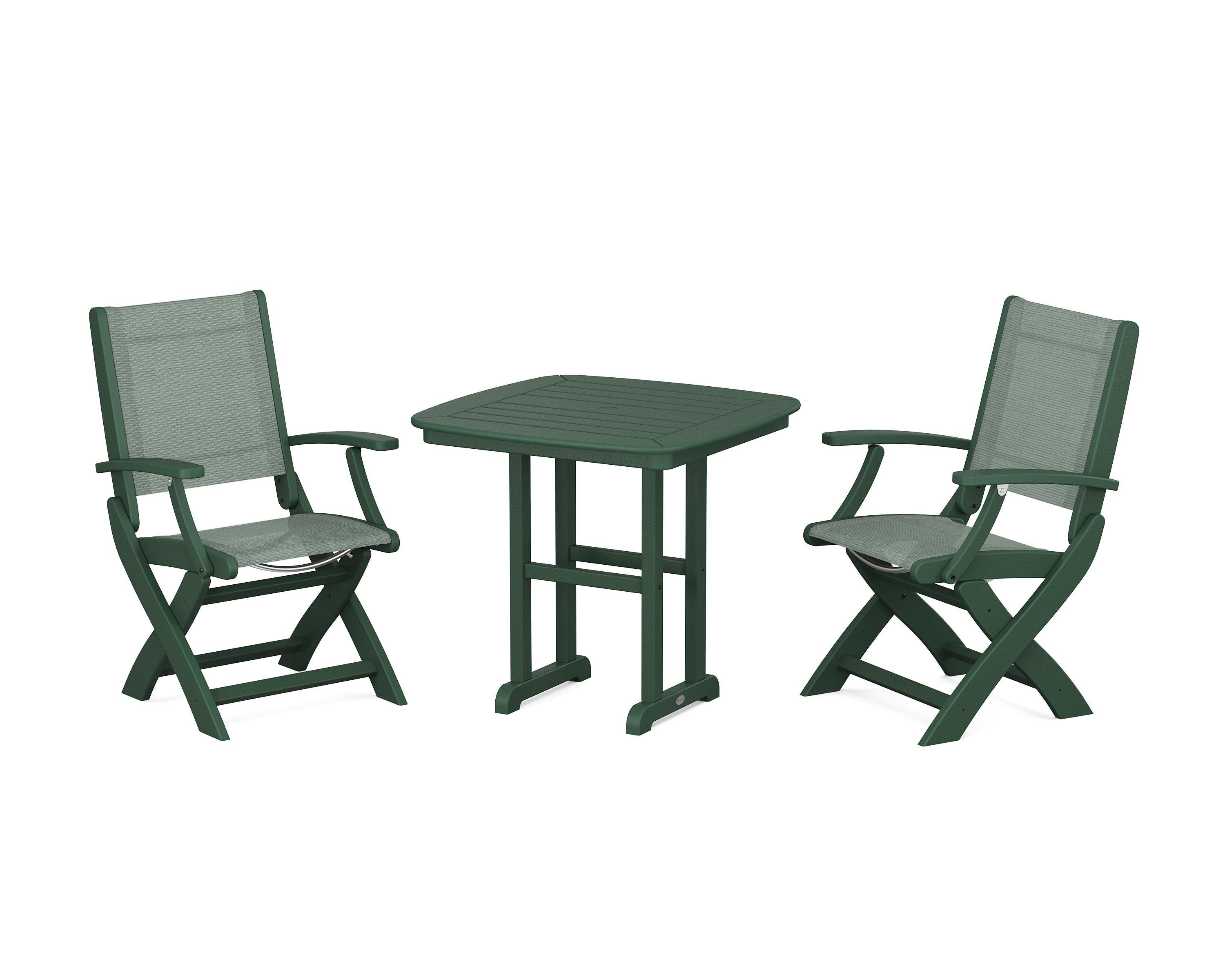 POLYWOOD® Coastal Folding Chair 3-Piece Dining Set in Green / Dupioni Sea Mist Sling