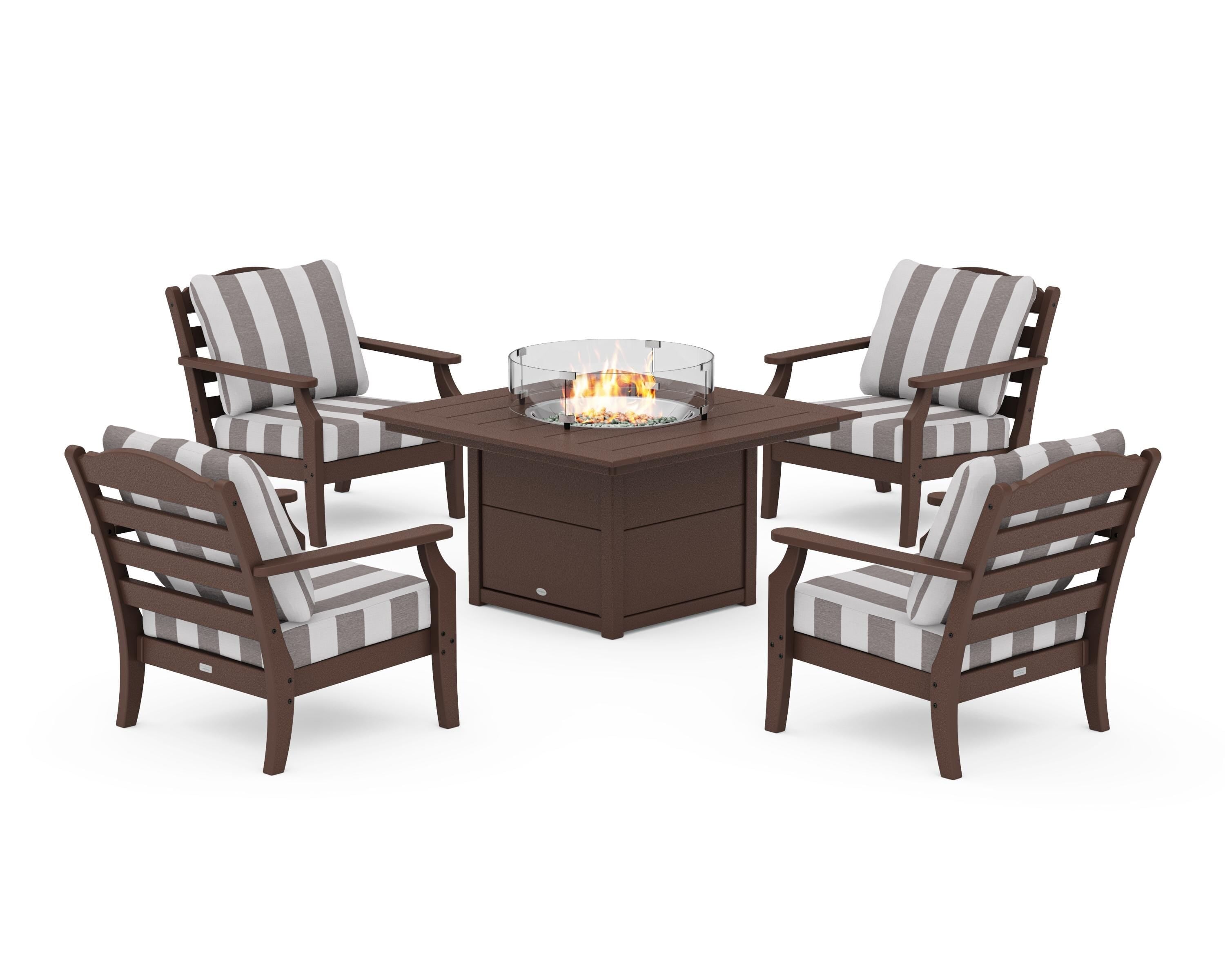Draper James™ by POLYWOOD® Savannah 5-Piece Deep Seating Set with Fire Pit Table in Mahogany / Cabana Stripe Grey Mist