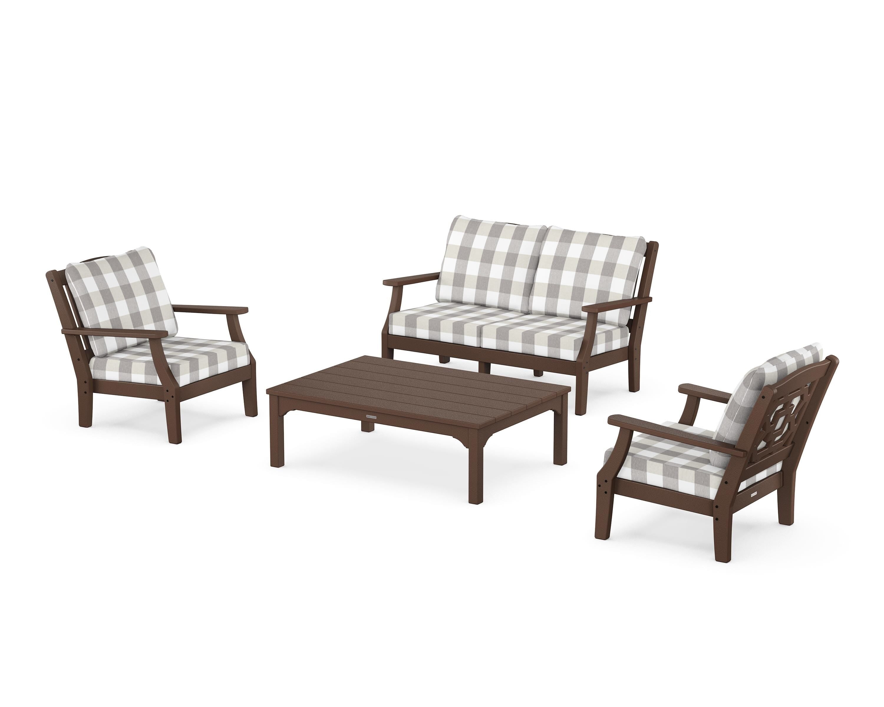 Martha Stewart by POLYWOOD® Chinoiserie 4-Piece Deep Seating Set with Loveseat in Mahogany / Buffalo Plaid Grey Mist