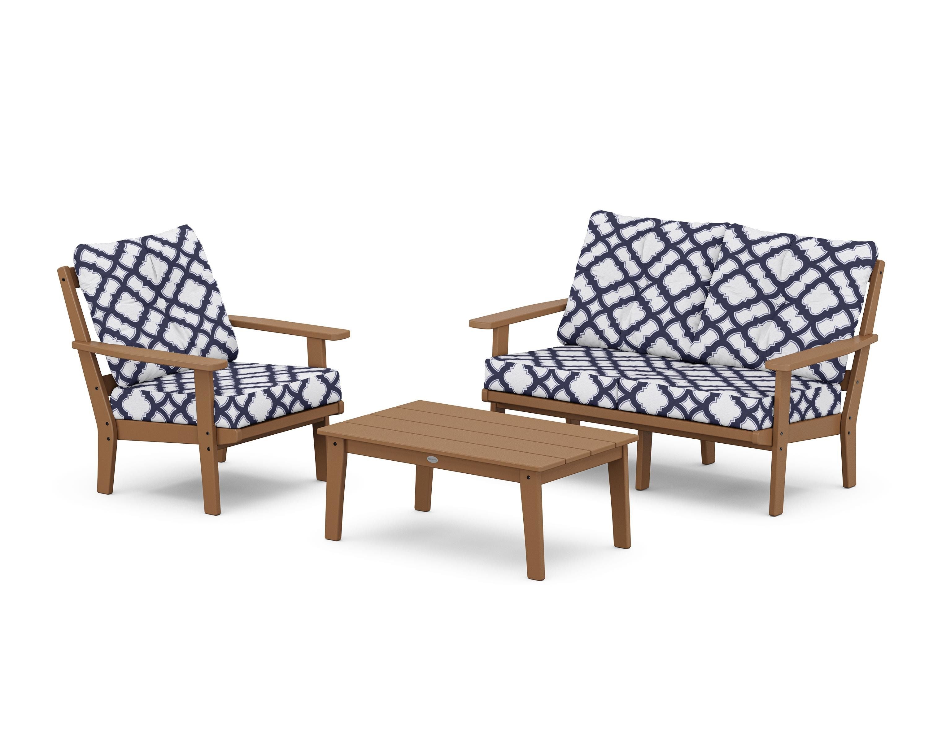 POLYWOOD® Prairie 3-Piece Deep Seating Set with Loveseat in Teak / Trellis Navy