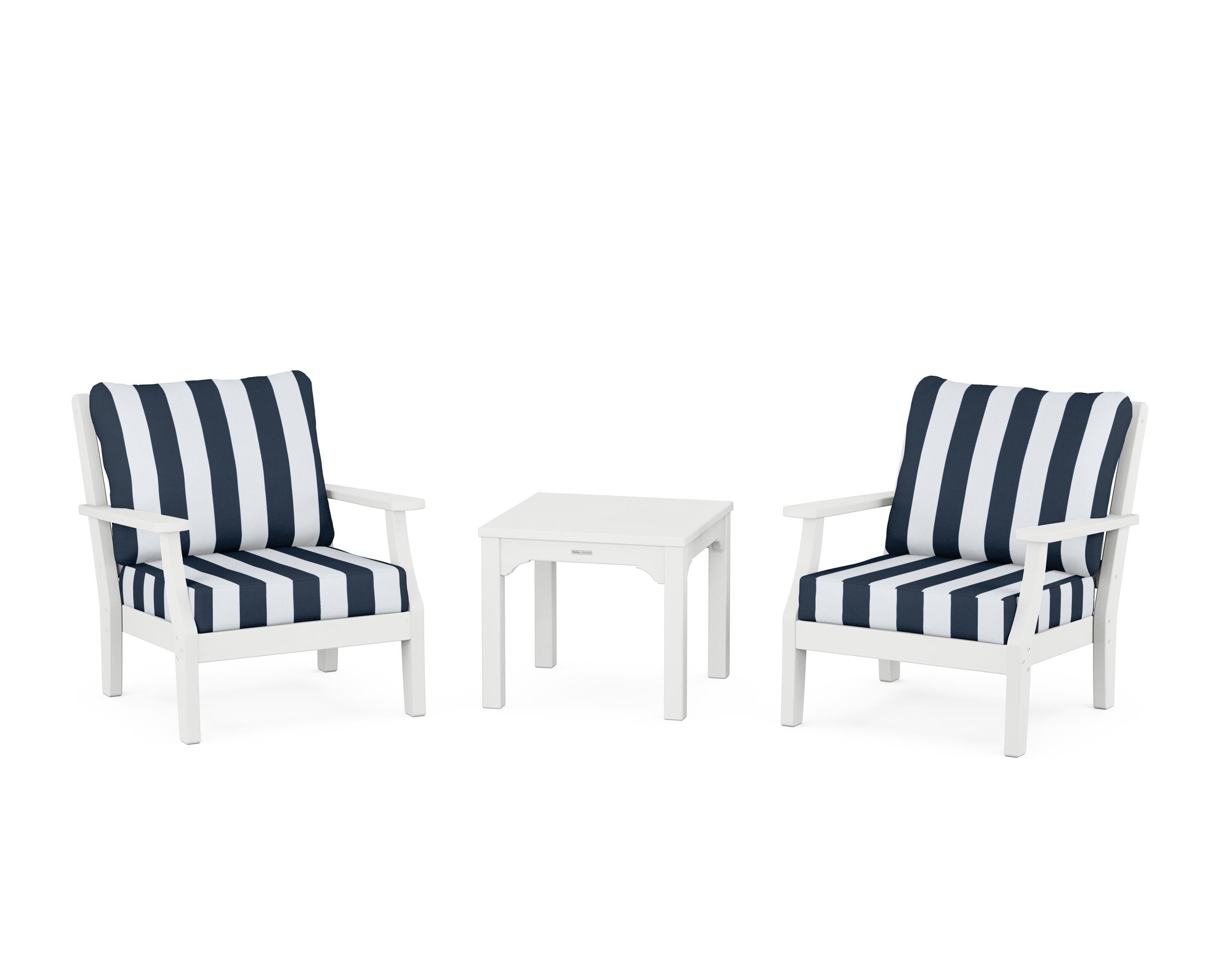 Martha Stewart by POLYWOOD® Chinoiserie 3-Piece Deep Seating Set in White / Cabana Stripe Marine Indigo