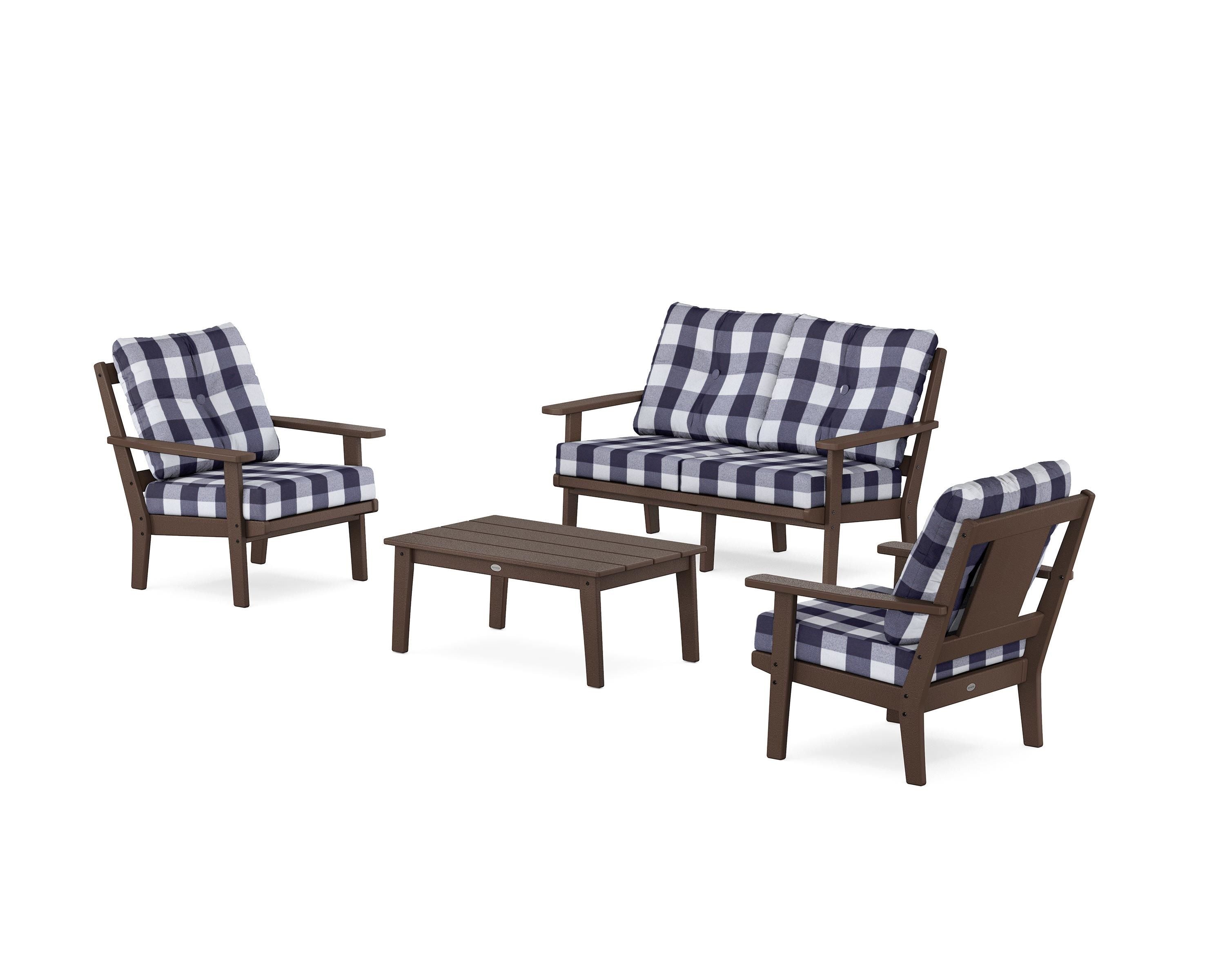 POLYWOOD® Prairie 4-Piece Deep Seating Set with Loveseat in Mahogany / Buffalo Plaid Navy