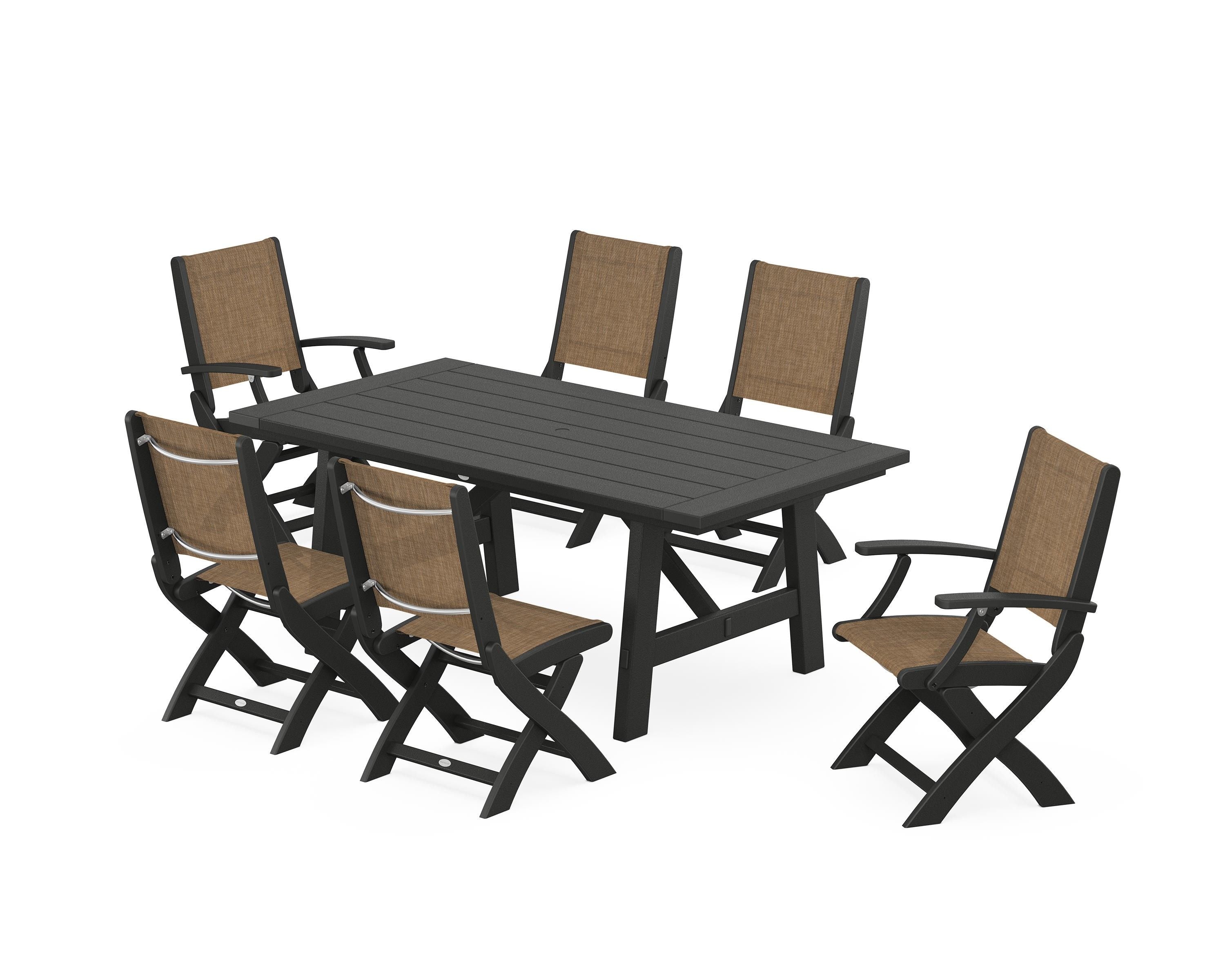POLYWOOD® Coastal Folding Chair 7-Piece Rustic Farmhouse Dining Set in Black / Burlap Sling