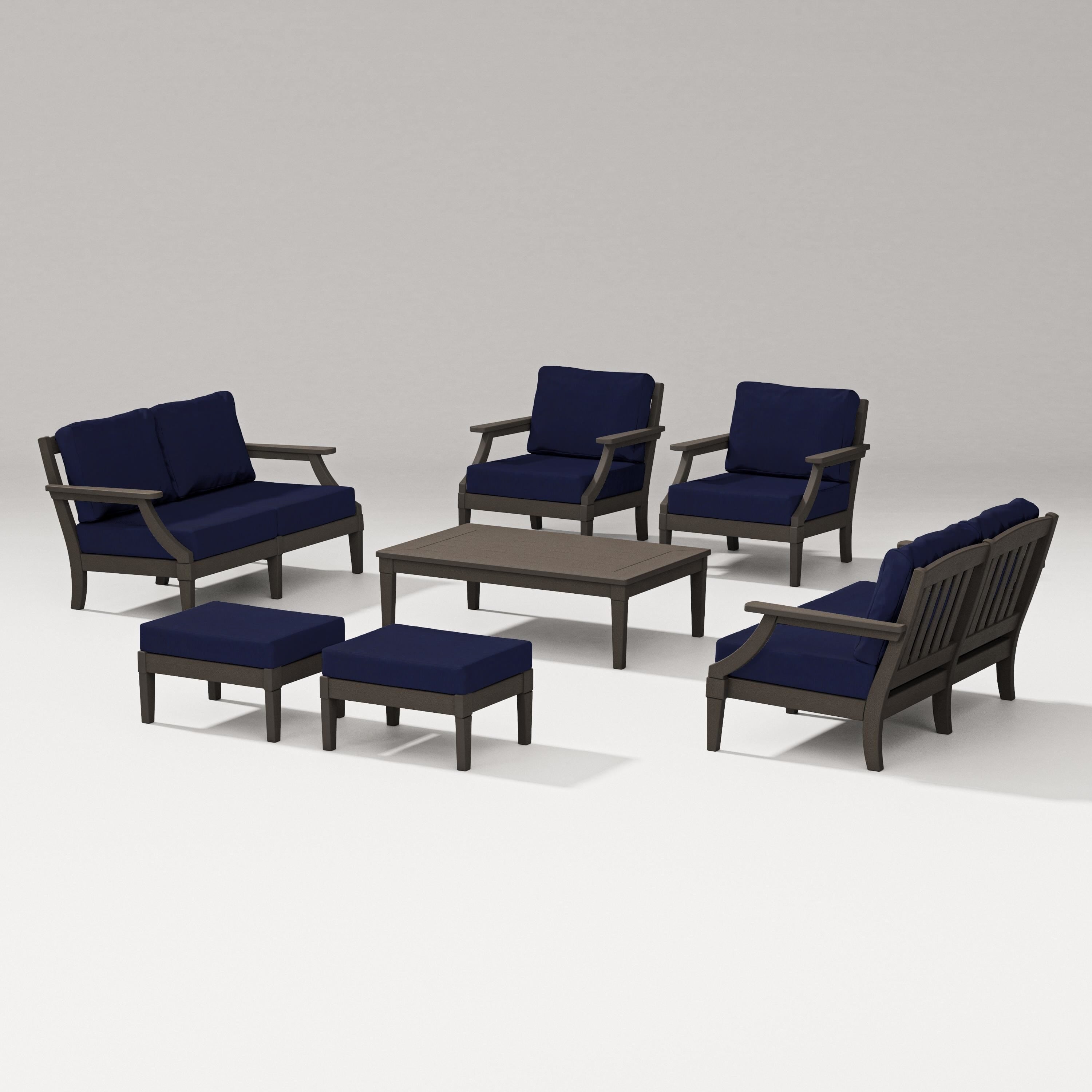 PW Designer Series Estate 7-Piece Lounge Loveseat Set in Vintage Coffee / Navy