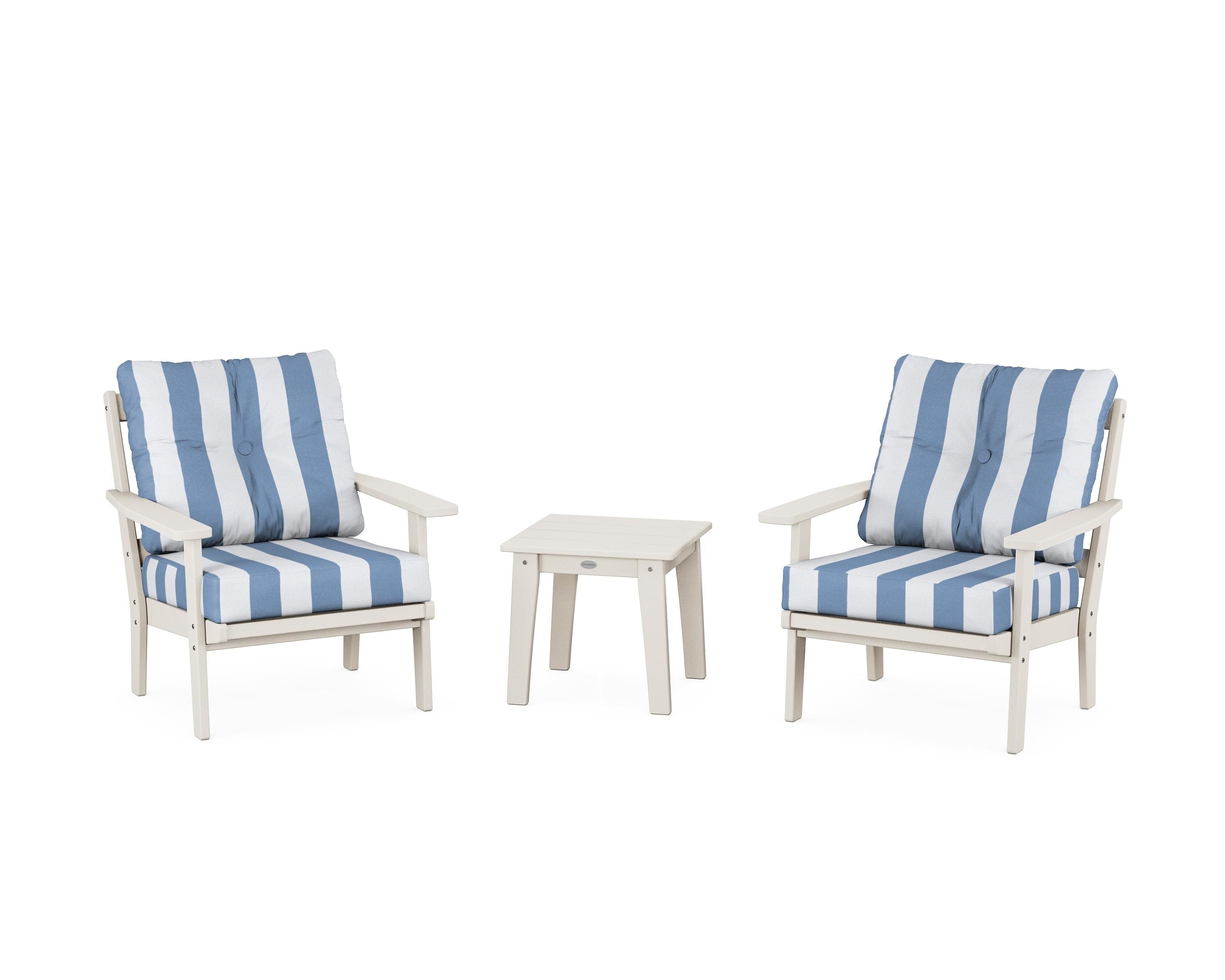 POLYWOOD® Oxford 3-Piece Deep Seating Set in Sand / Cabana Stripe Sky Blue