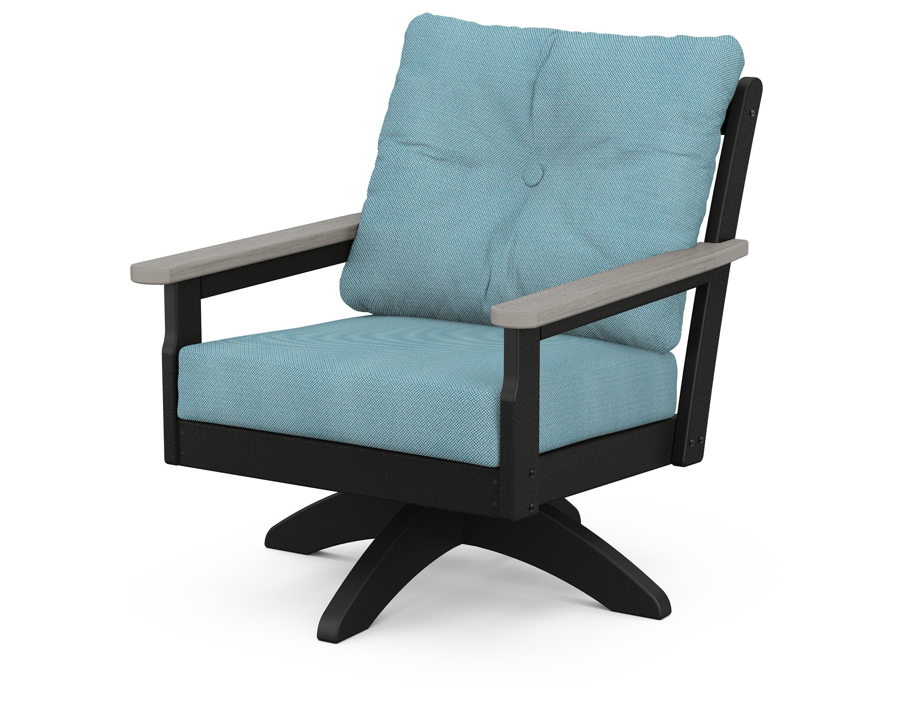 POLYWOOD® Vineyard Deep Seating Swivel Chair in Black / Driftwood / Lattice Sky Blue
