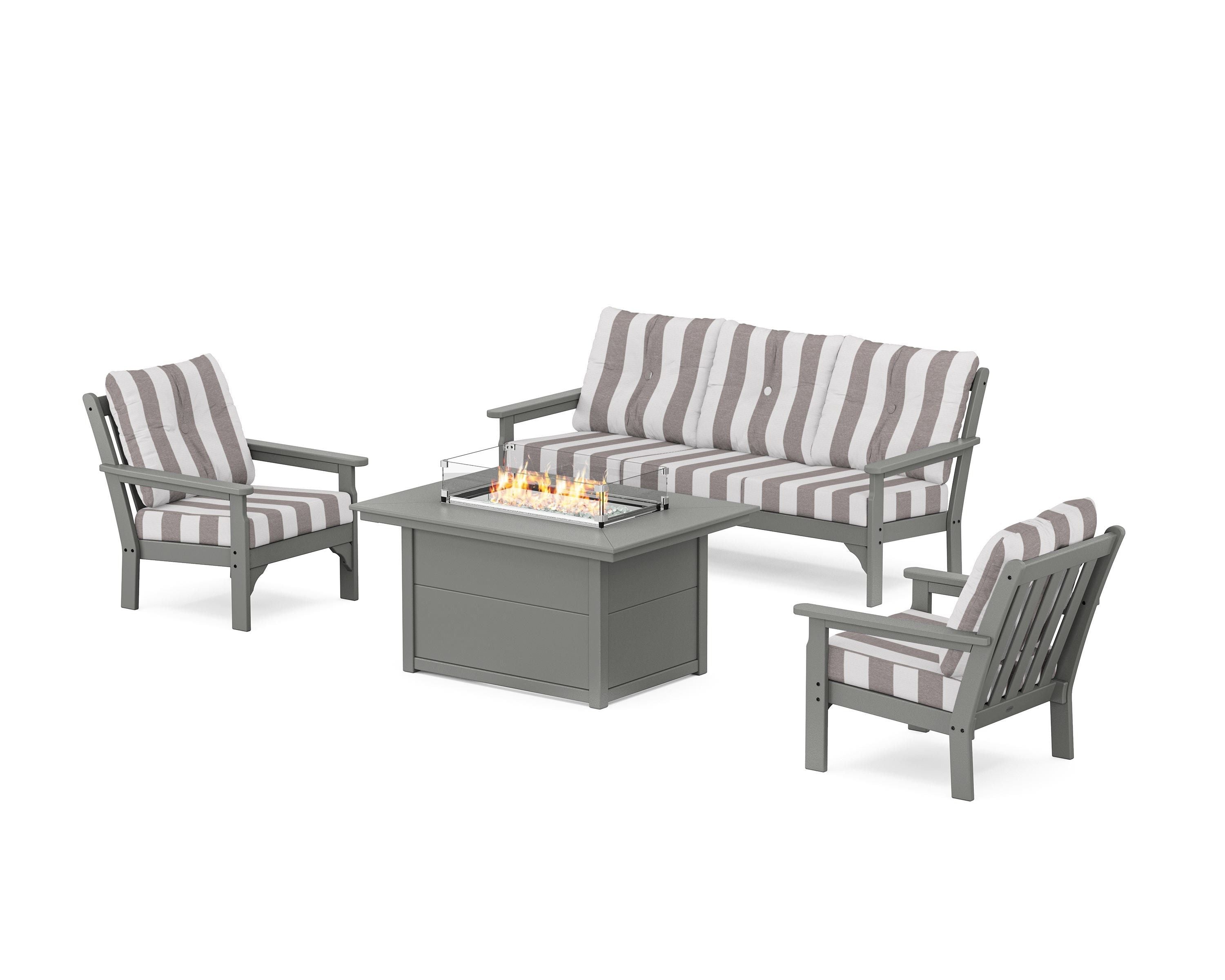 POLYWOOD® Vineyard Deep Seating Fire Pit Table Set in Slate Grey / Cabana Stripe Grey Mist
