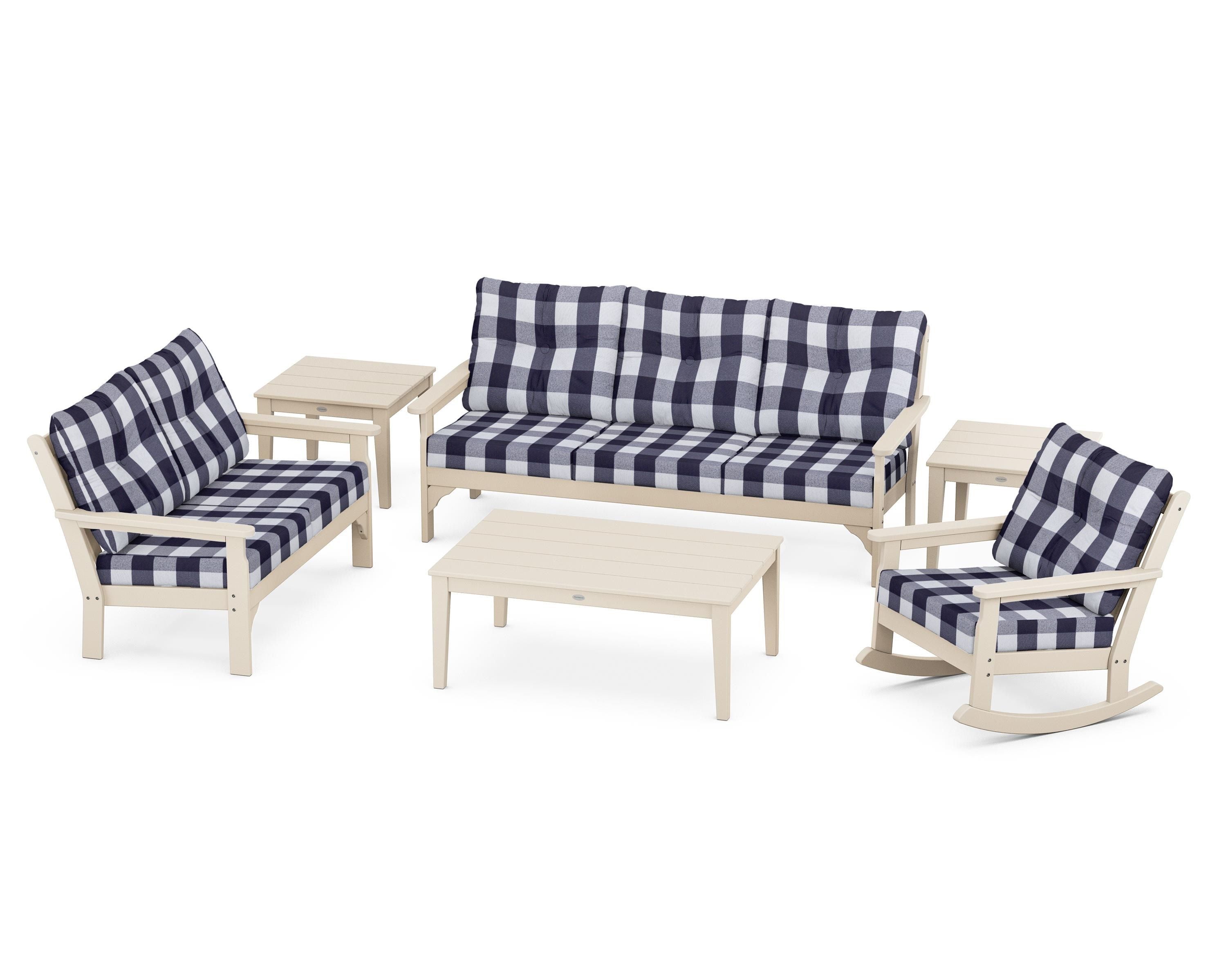POLYWOOD® Vineyard 6-Piece Deep Seating Set in Sand / Buffalo Plaid Navy