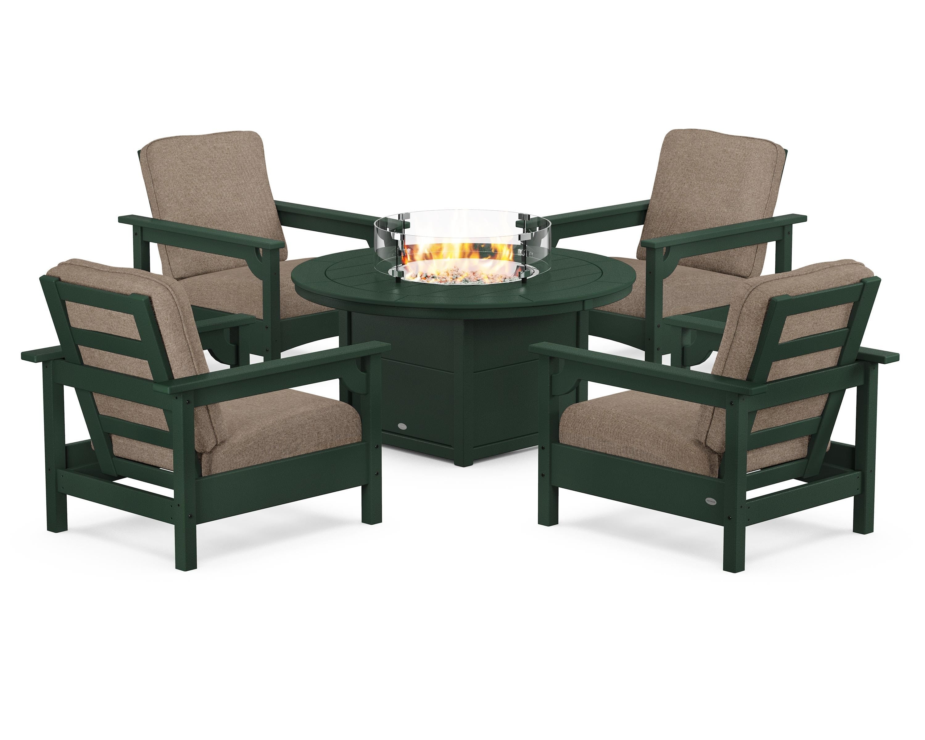 POLYWOOD® Club 5-Piece Conversation Set with Fire Pit Table in Green / Spiced Burlap