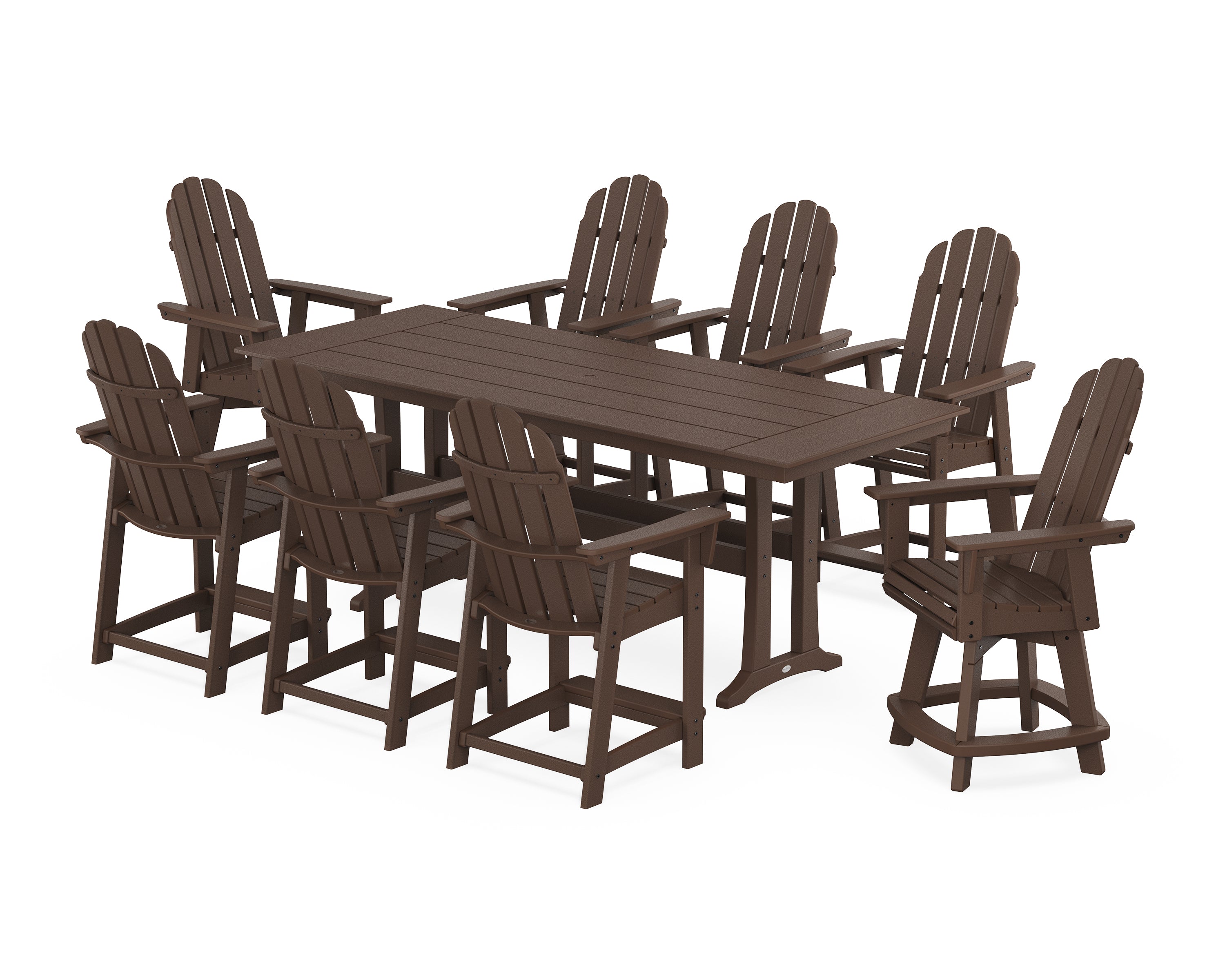 POLYWOOD® Vineyard Curveback Adirondack Swivel 9-Piece Farmhouse Counter Set with Trestle Legs in Mahogany