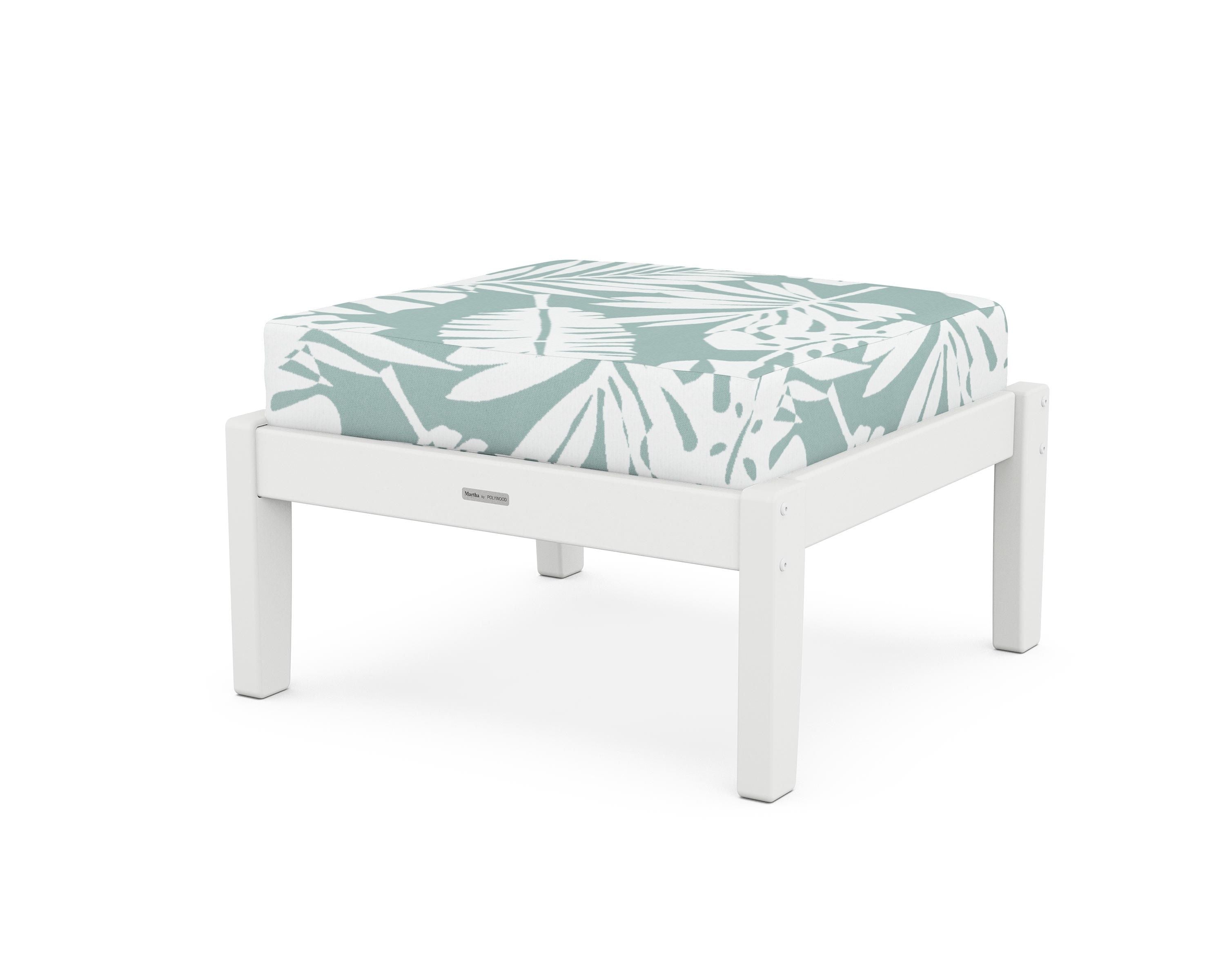 Martha Stewart by POLYWOOD® Chinoiserie Deep Seating Ottoman in White / Leaf Glacier Spa