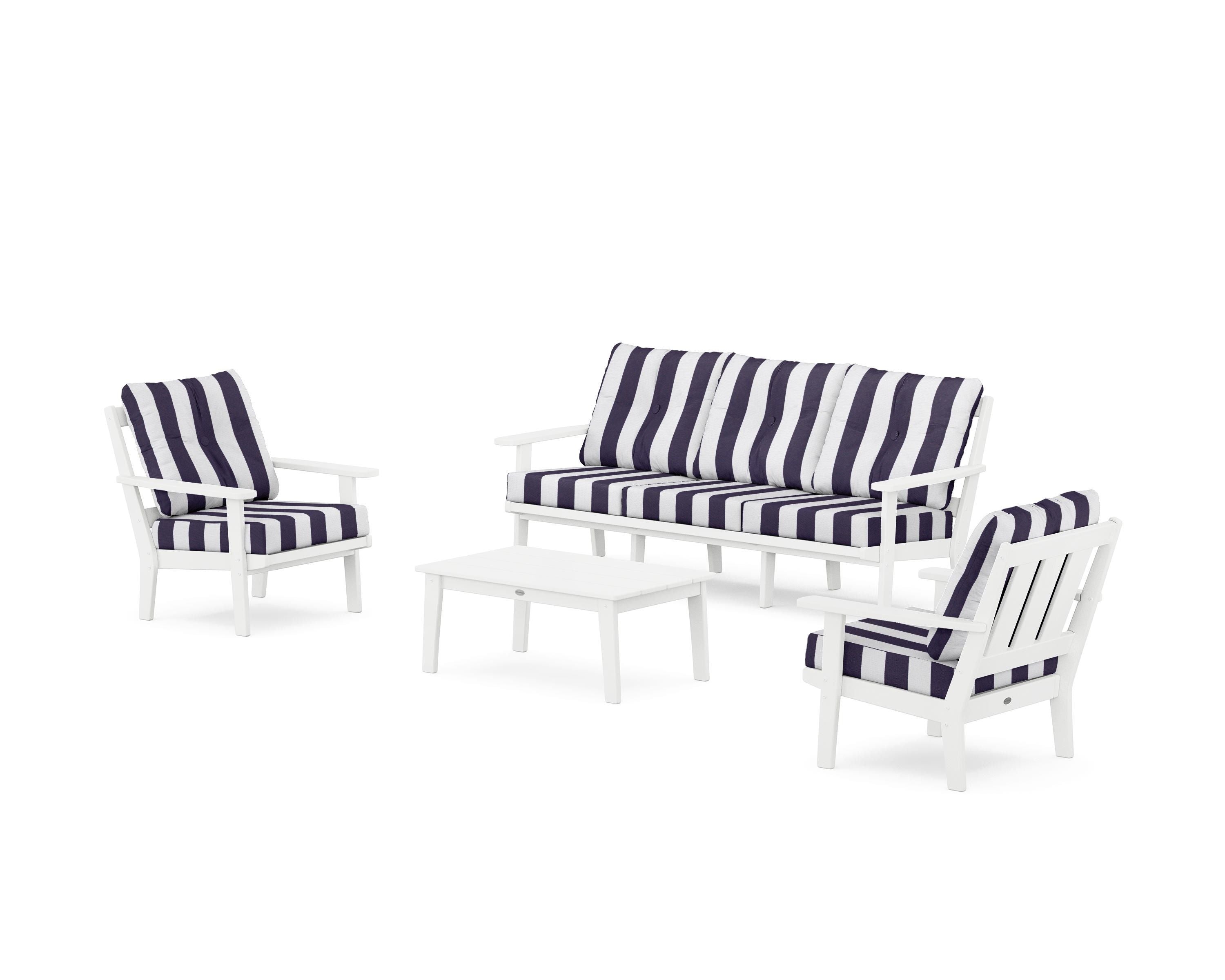 POLYWOOD® Oxford 4-Piece Deep Seating Set with Sofa in White / Cabana Stripe Navy