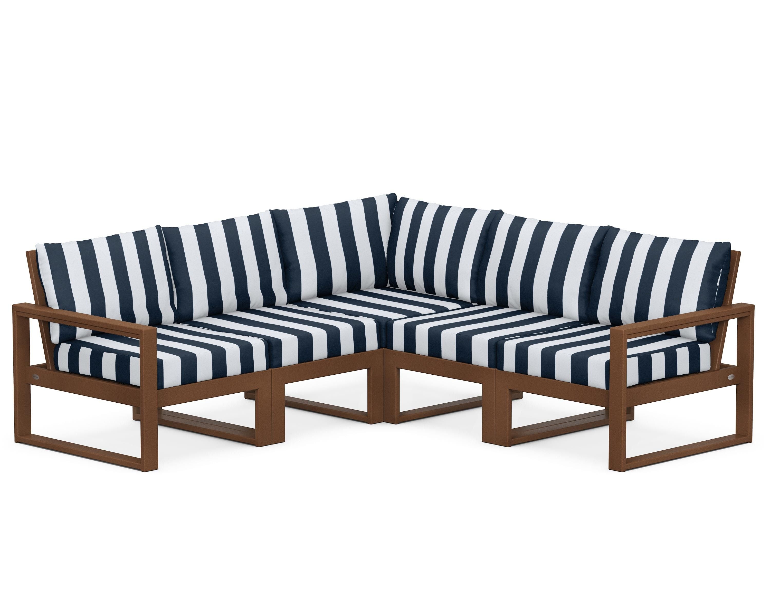 POLYWOOD® EDGE 5-Piece Modular Deep Seating Set in Teak / Cabana Stripe Marine Indigo