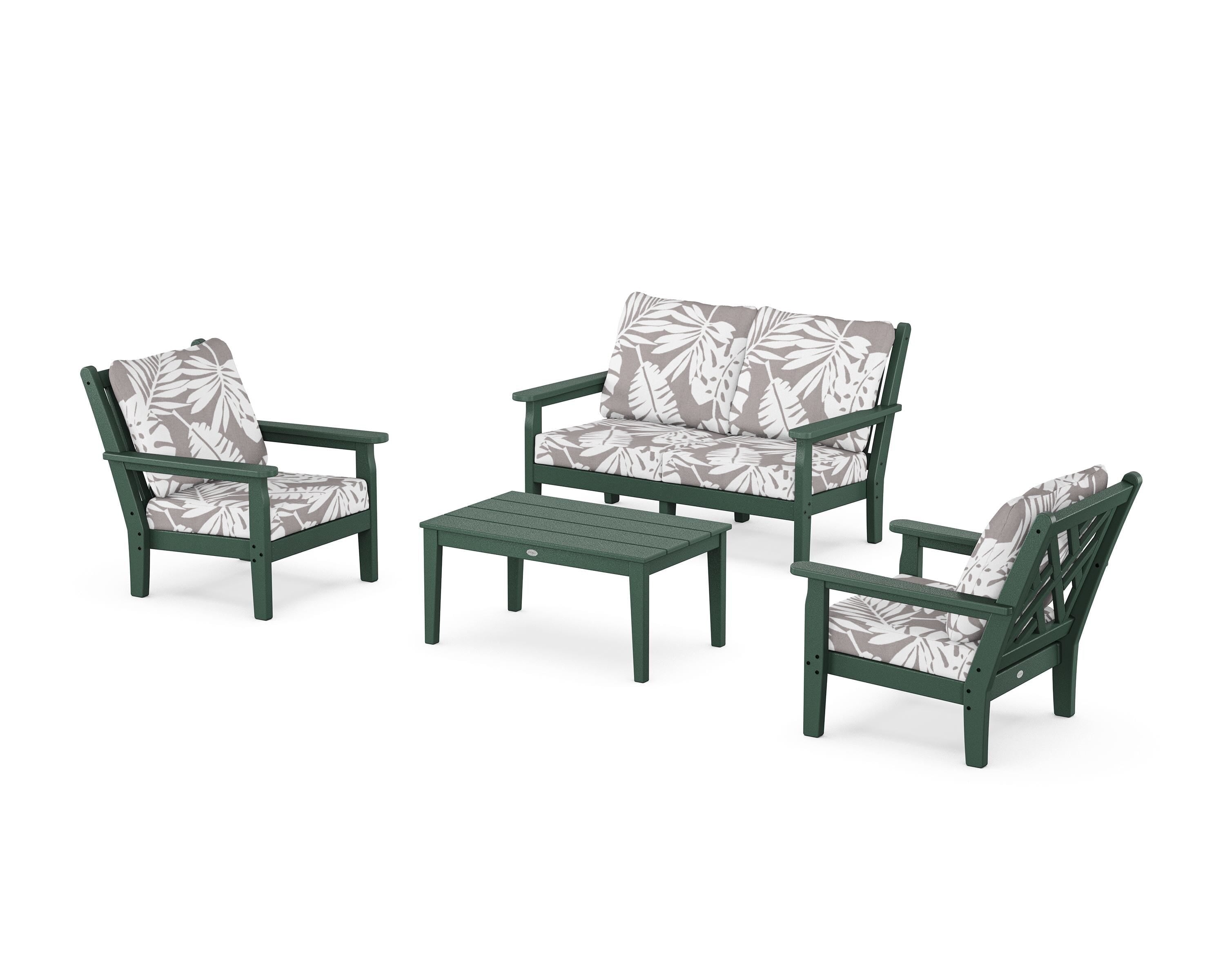 POLYWOOD® Chippendale 4-Piece Deep Seating Set with Loveseat in Green / Leaf Grey Mist