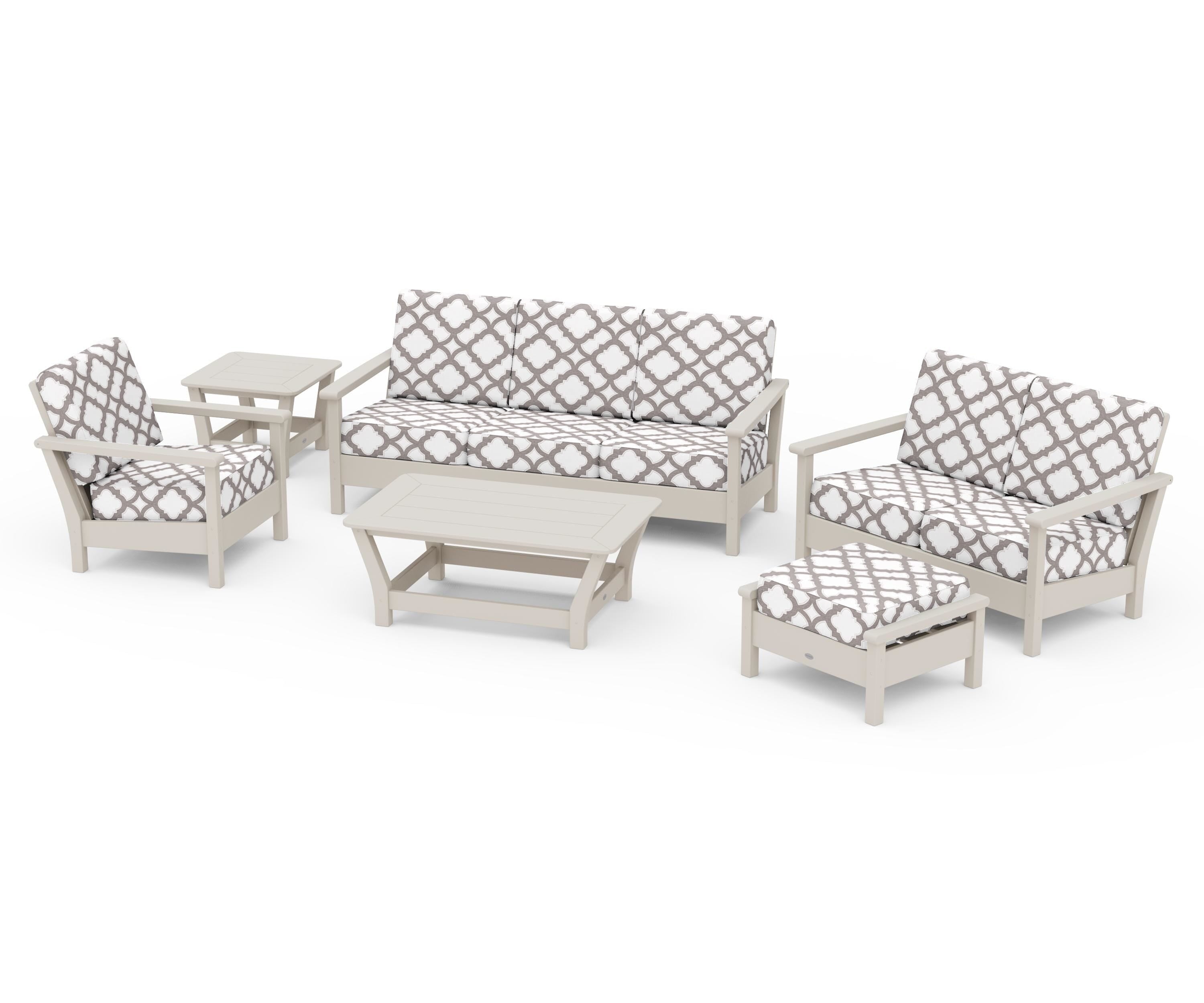POLYWOOD® Harbour 6-Piece Outdoor Living Set in Sand / Trellis Grey Mist