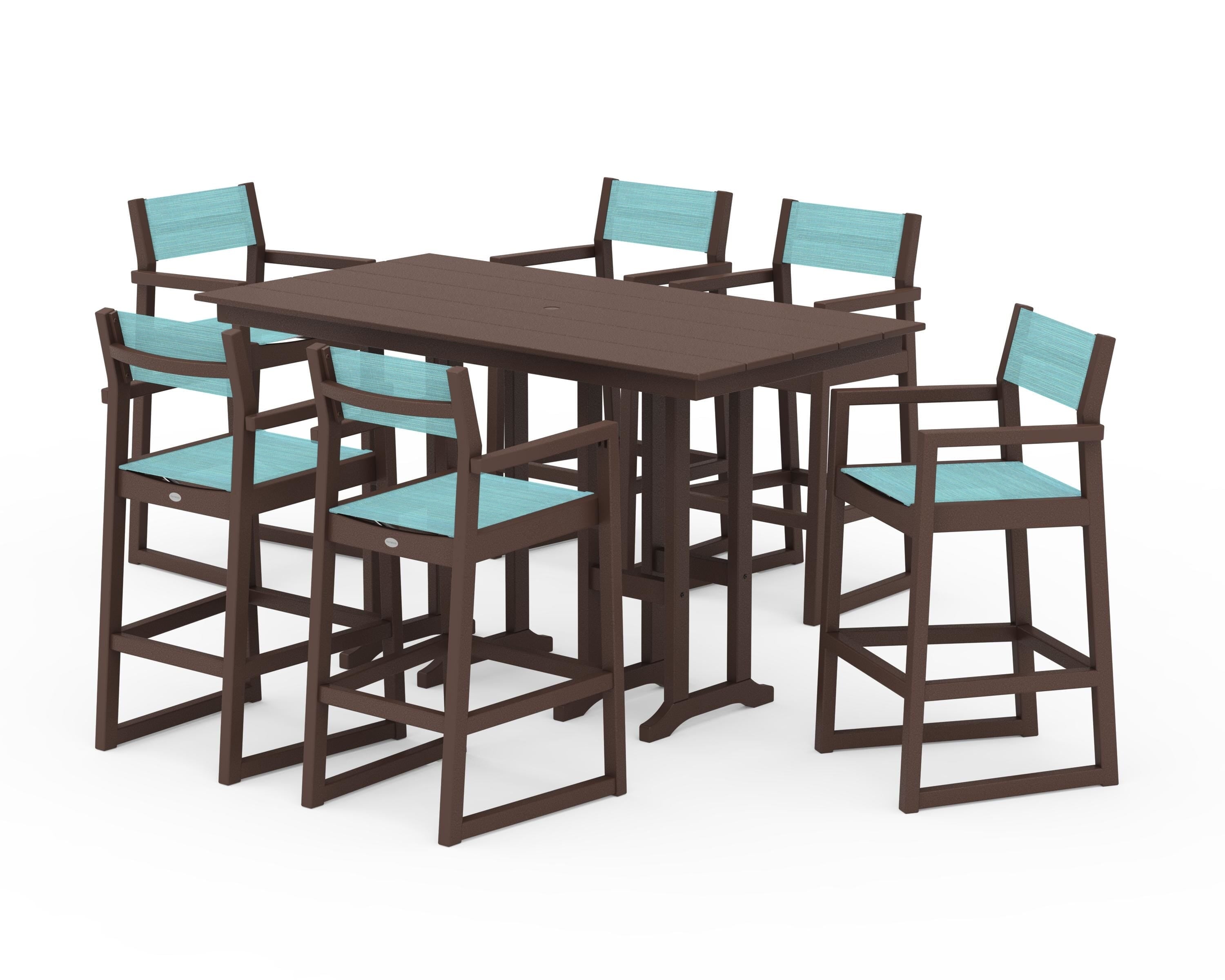 POLYWOOD® EDGE Sling Arm Chair 7-Piece Farmhouse Bar Set in Mahogany / Dupioni Aquamarine Sling