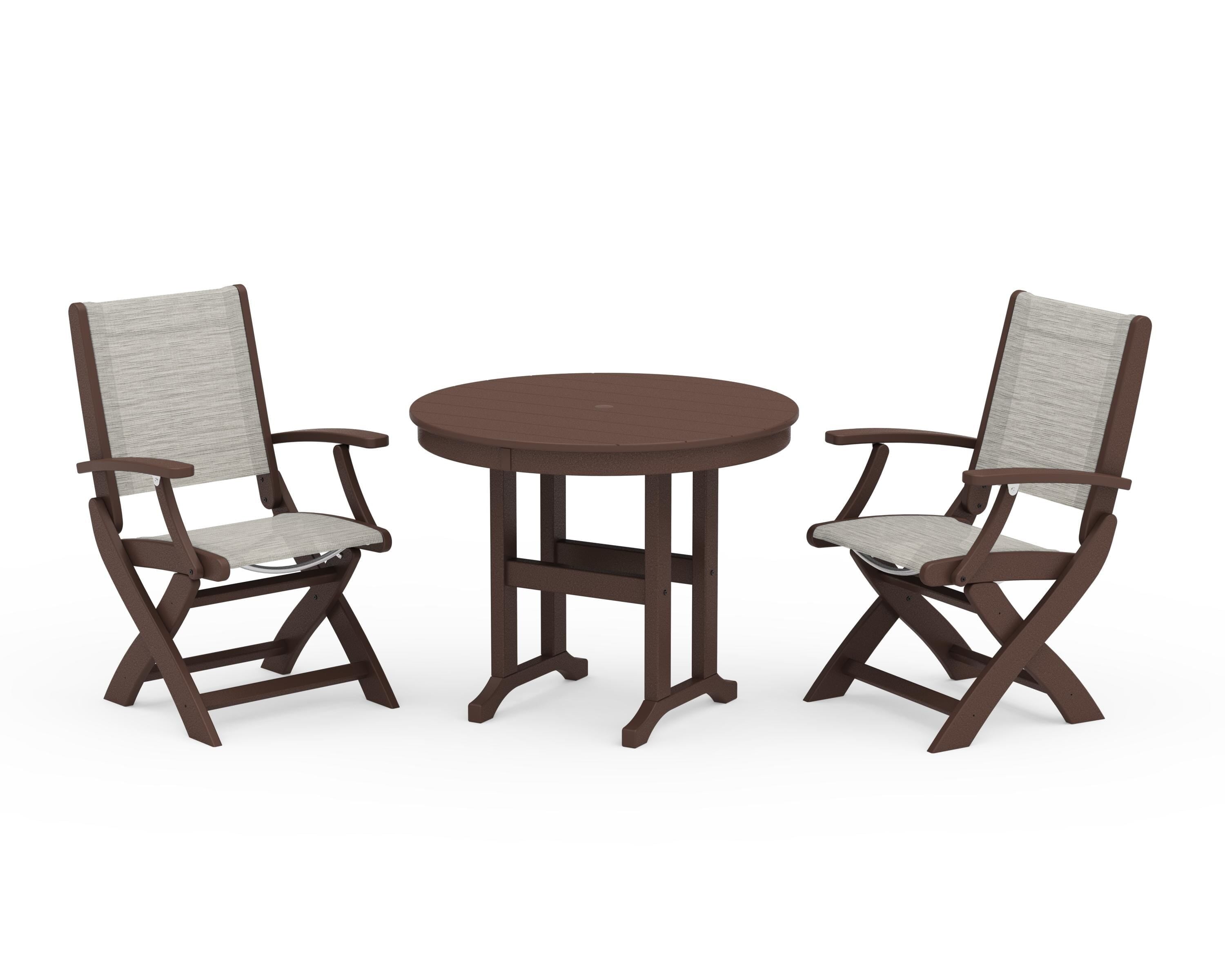 POLYWOOD® Coastal Folding Chair 3-Piece Round Dining Set in Mahogany / Birch Sling
