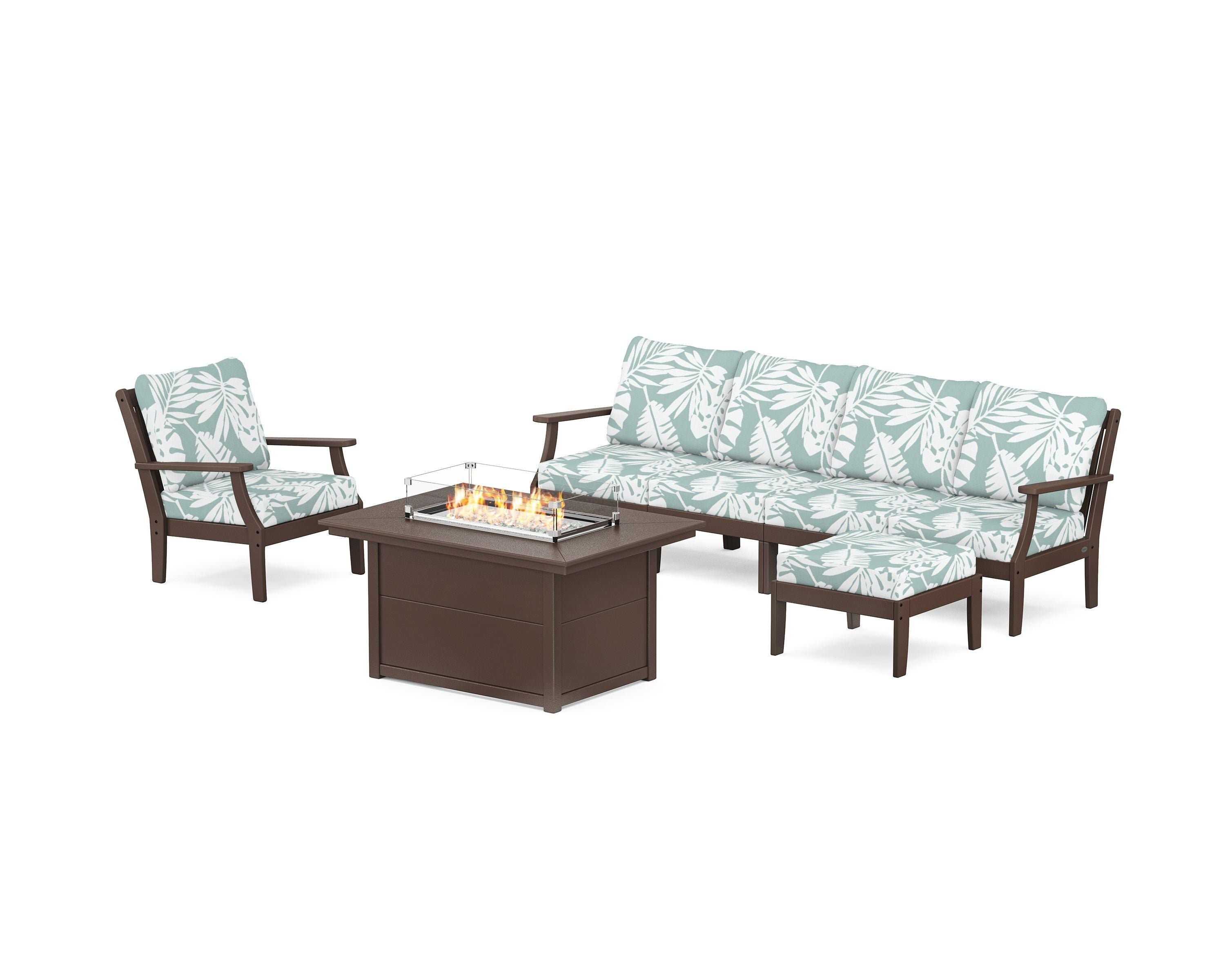 POLYWOOD® Braxton Sectional Lounge and Fire Pit Set in Mahogany / Leaf Glacier Spa