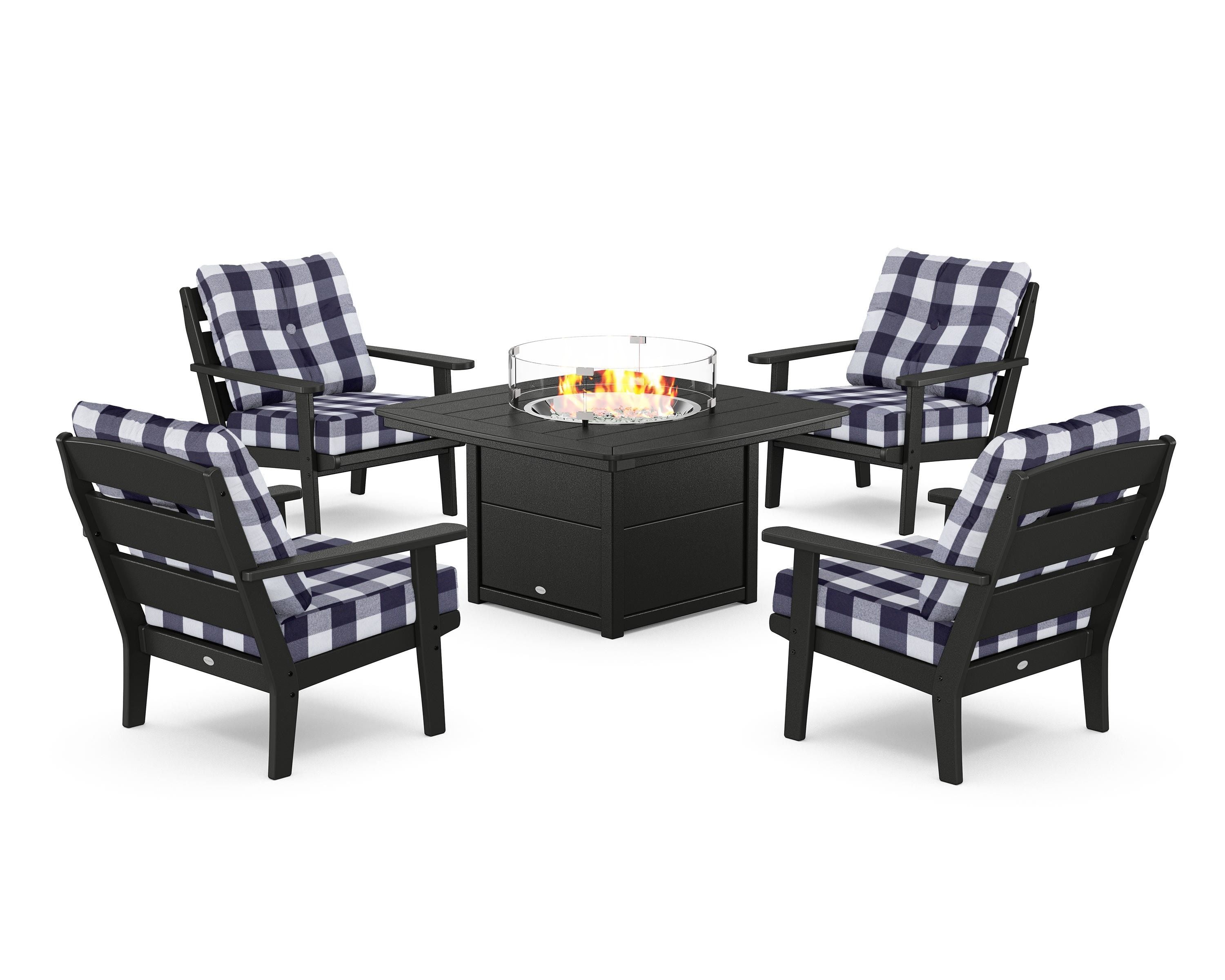 POLYWOOD® Lakeside 5-Piece Deep Seating Set with Nautical Fire Pit Table in Black / Buffalo Plaid Navy