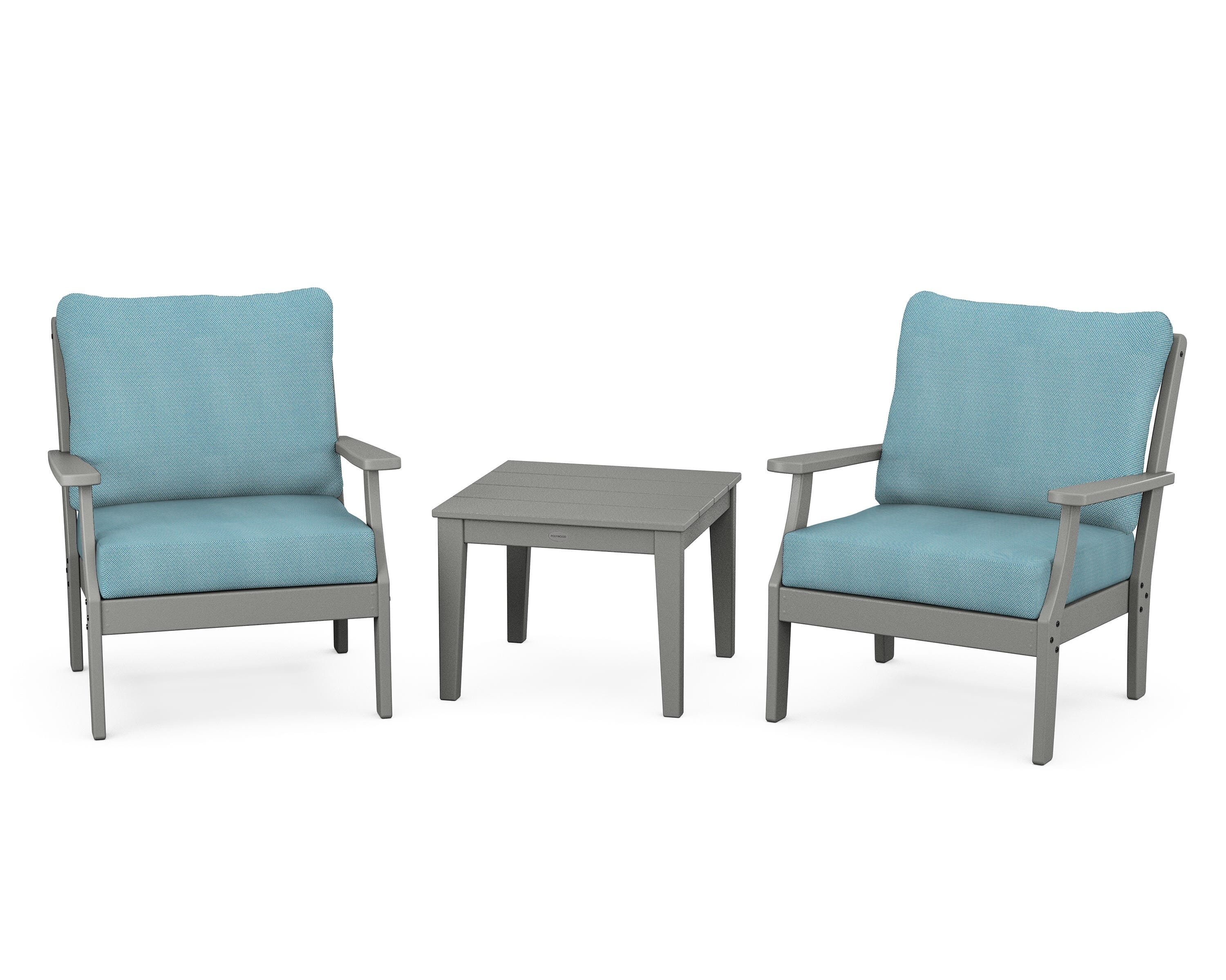 POLYWOOD® Braxton 3-Piece Deep Seating Set in Slate Grey / Lattice Sky Blue