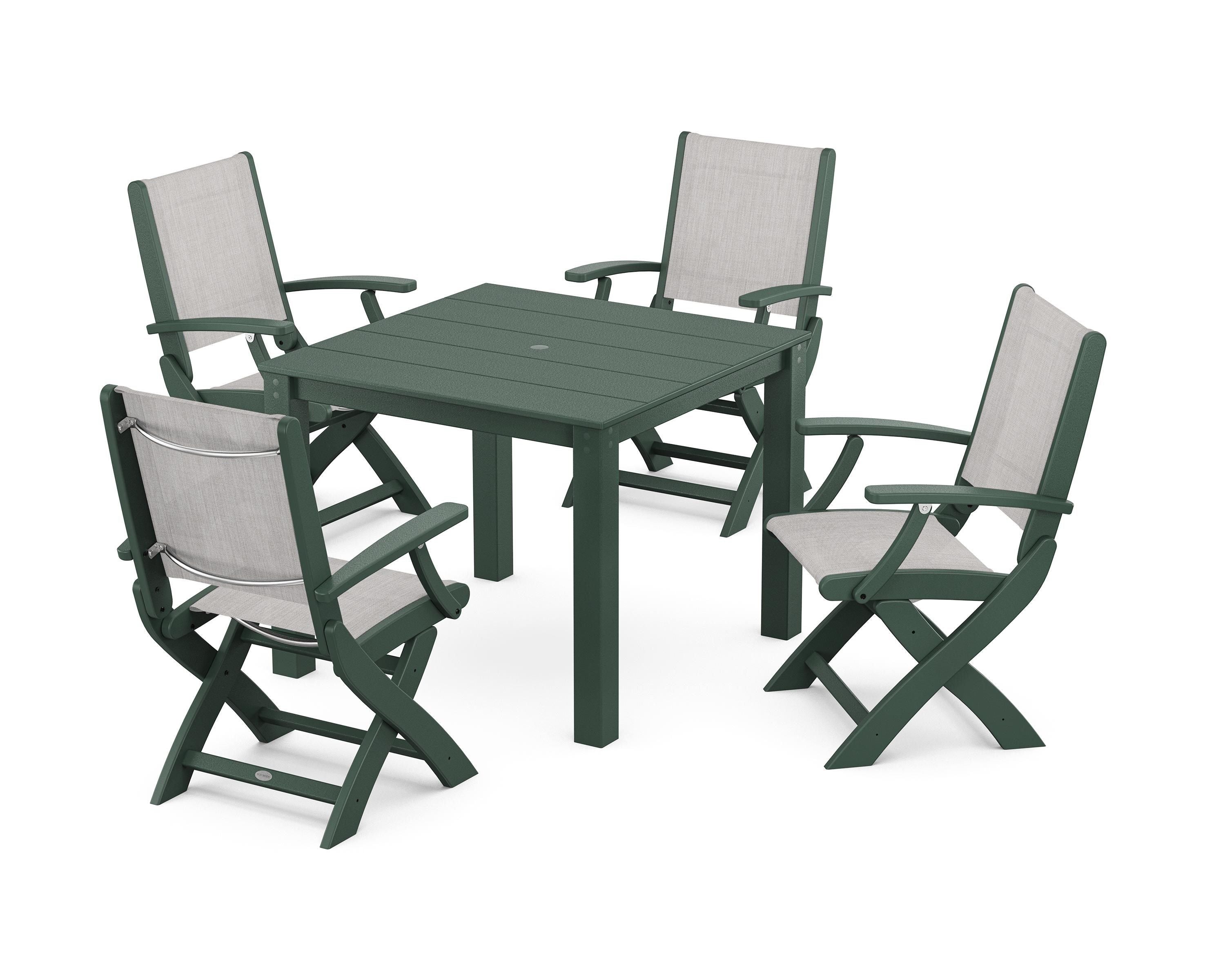 POLYWOOD® Coastal Folding Chair 5-Piece Parsons Dining Set in Green / Parchment Sling