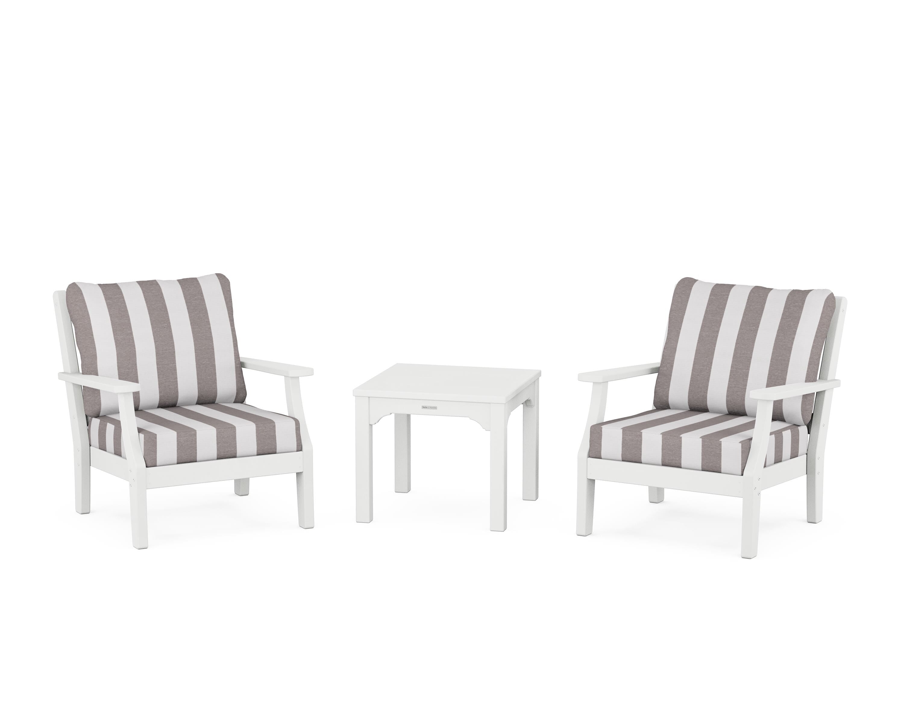 Martha Stewart by POLYWOOD® Chinoiserie 3-Piece Deep Seating Set in White / Cabana Stripe Grey Mist