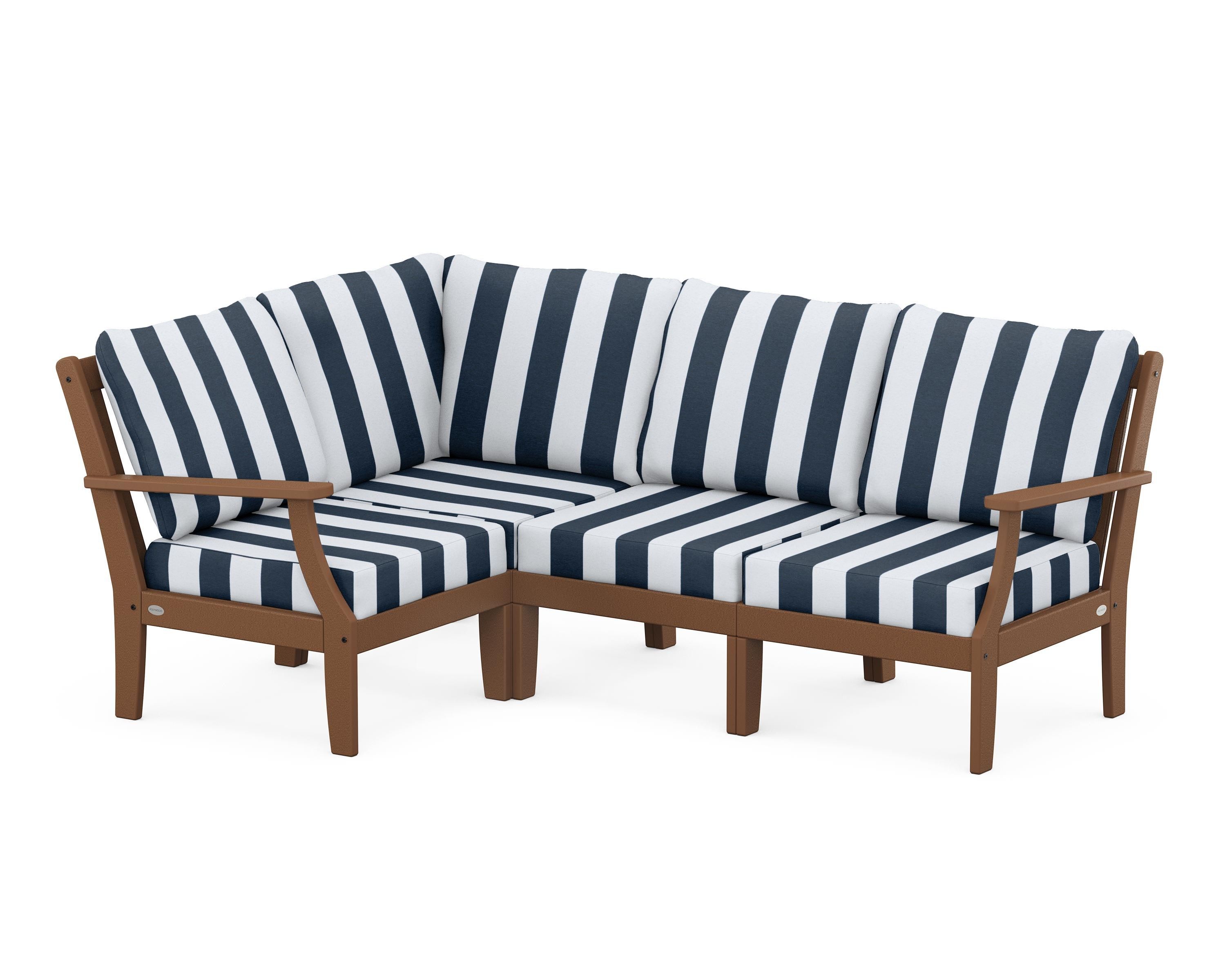 POLYWOOD® Braxton Modular 4-Piece Deep Seating Set in Teak / Cabana Stripe Marine Indigo