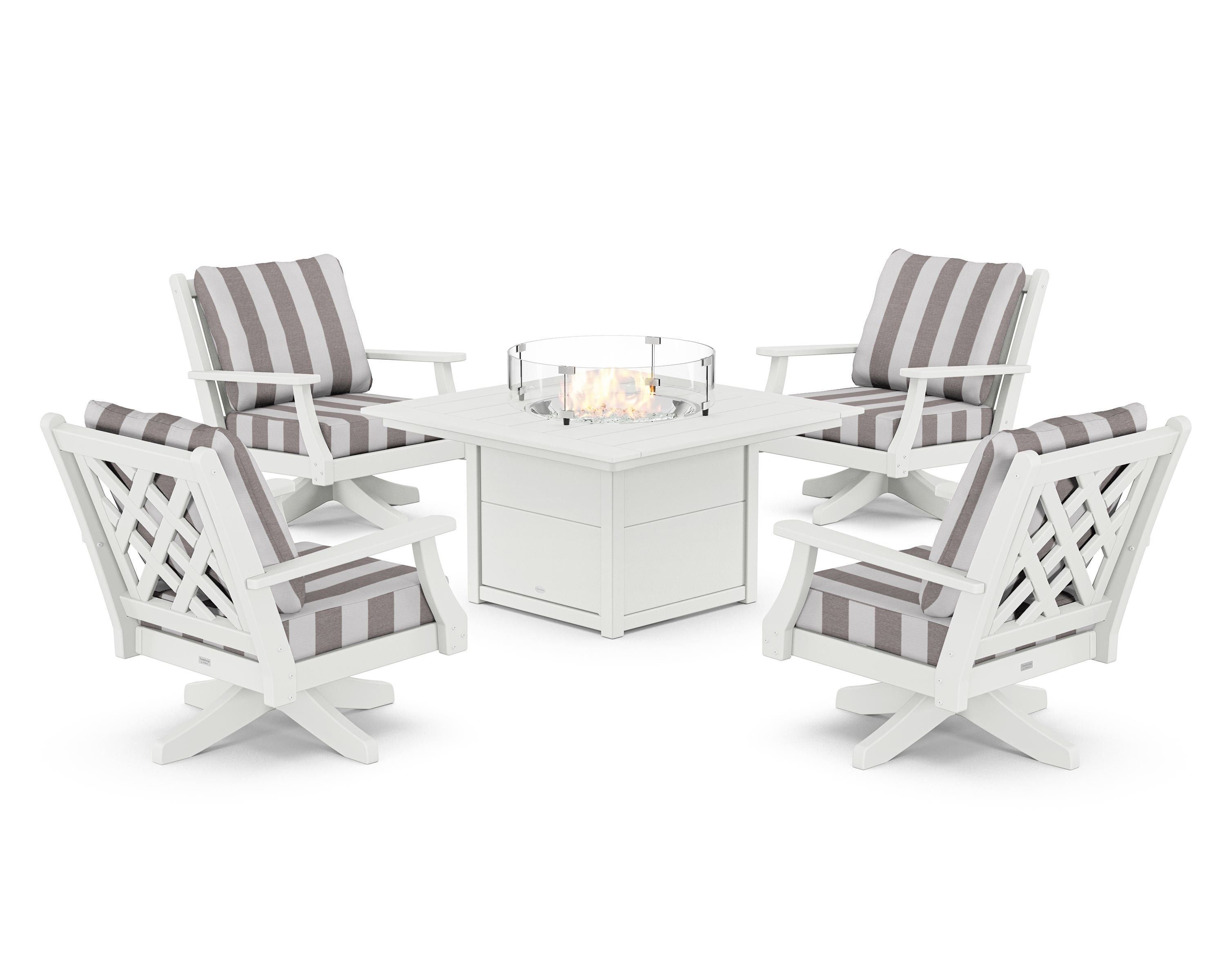 Country Living Wovendale 5-Piece Deep Seating Swivel Conversation Set with Fire Pit Table in White / Cabana Stripe Grey Mist