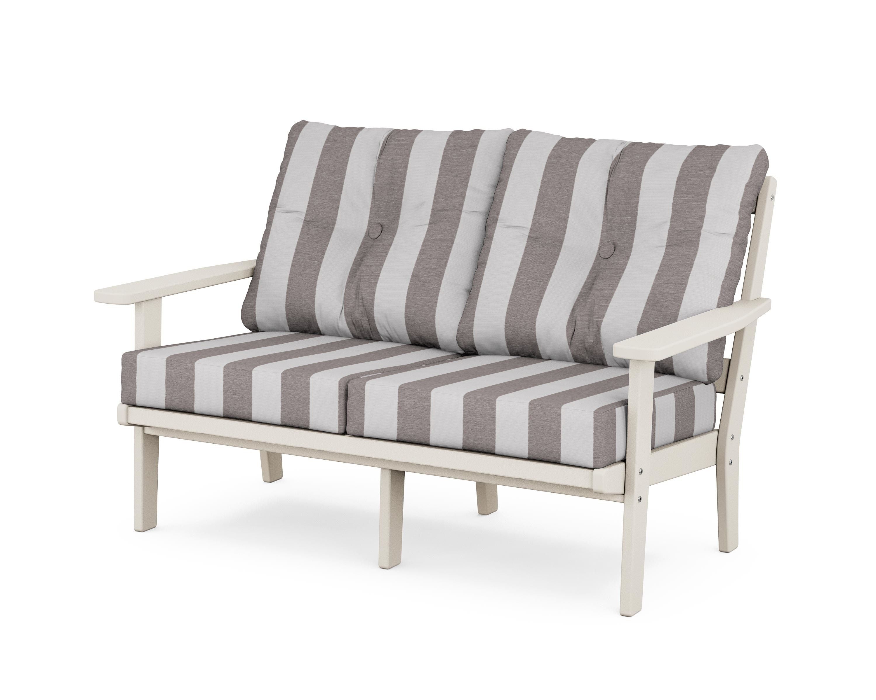 POLYWOOD® Prairie Deep Seating Loveseat in Sand / Cabana Stripe Grey Mist