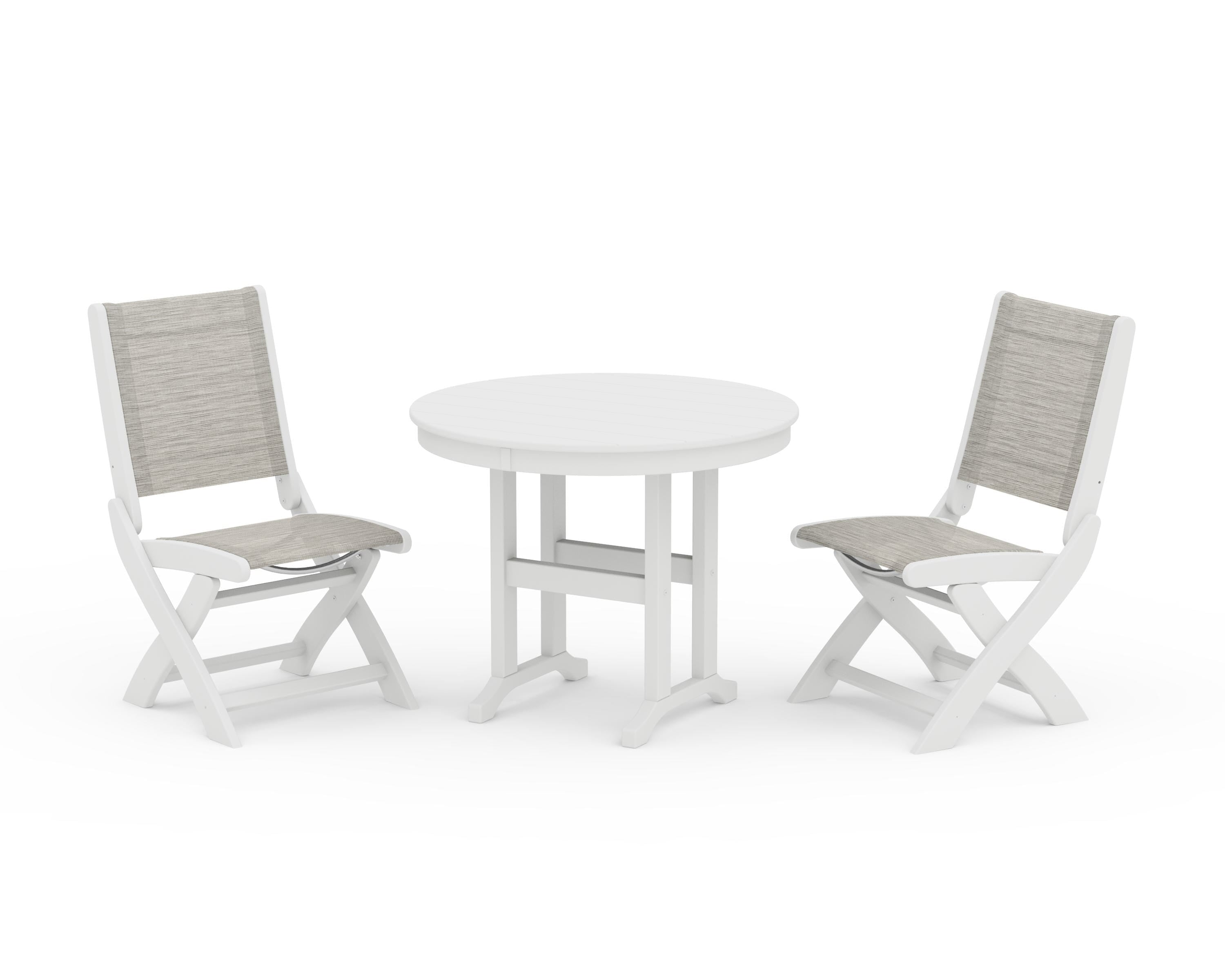 POLYWOOD® Coastal Folding Side Chair 3-Piece Round Dining Set in White / Birch Sling