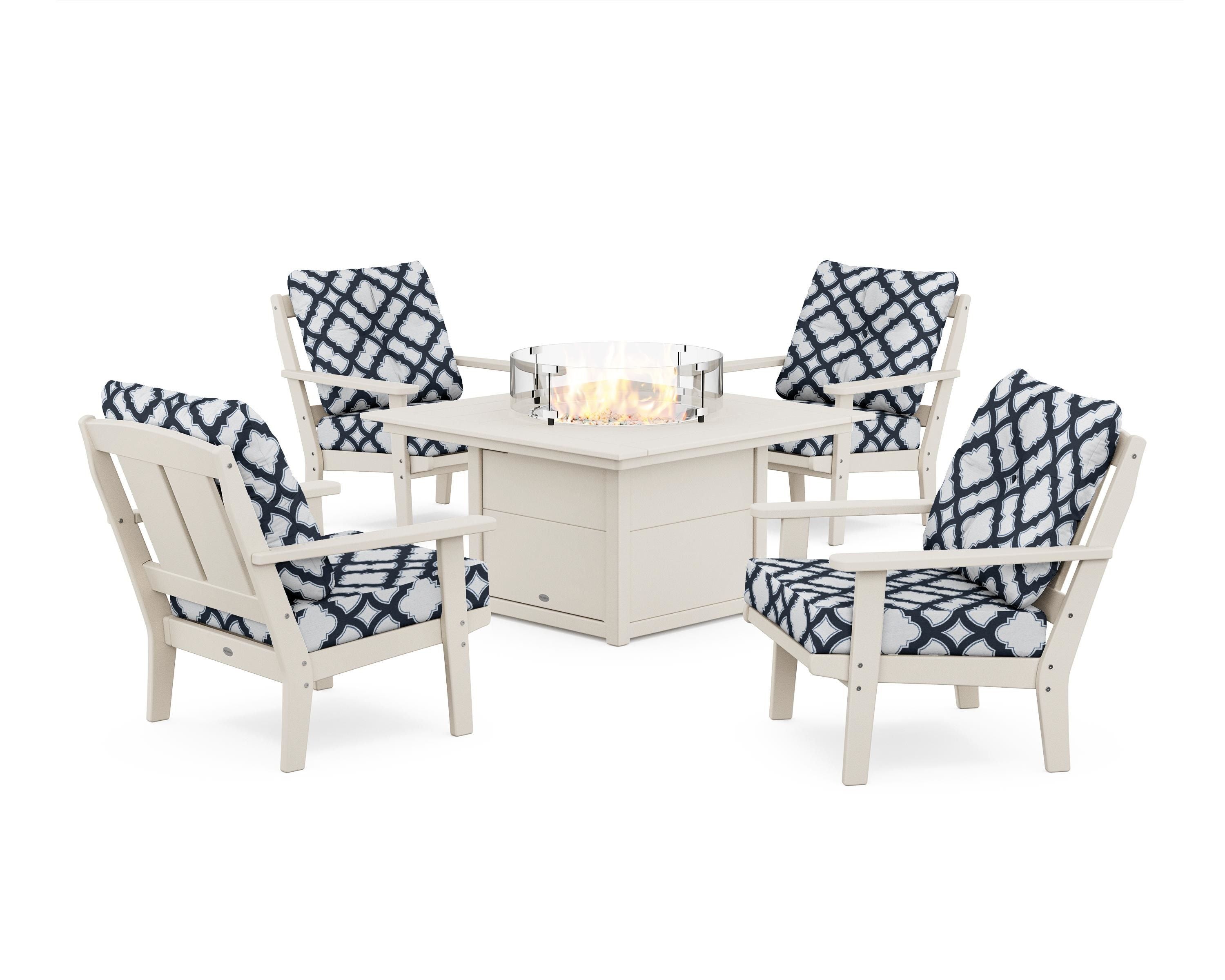 POLYWOOD® Mission 5-Piece Deep Seating Set with Fire Pit Table in Sand / Trellis Marine Indigo