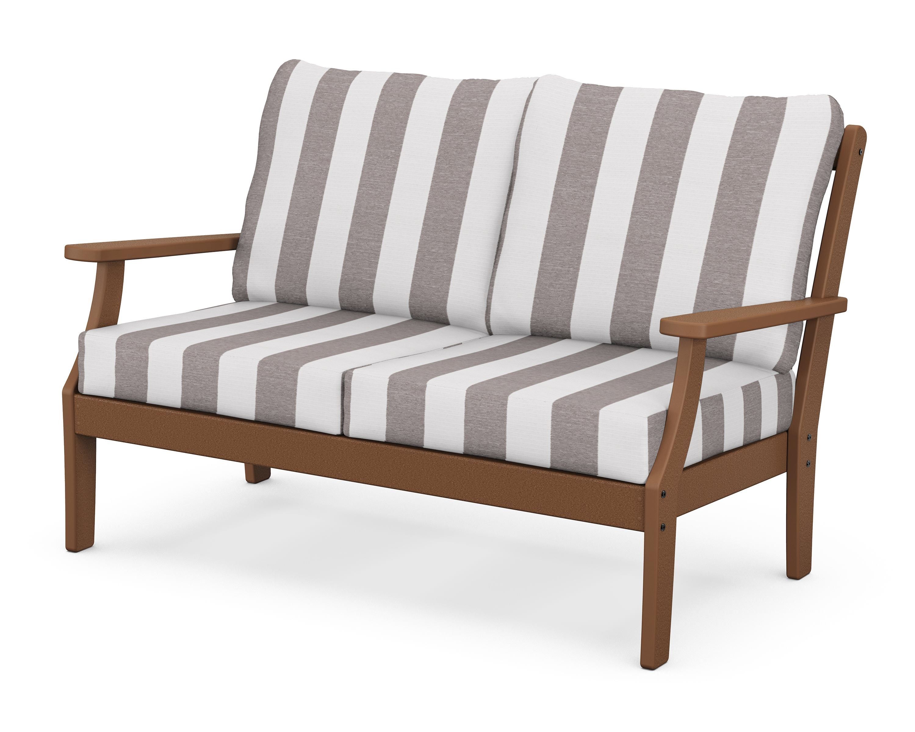 POLYWOOD® Braxton Deep Seating Loveseat in Teak / Cabana Stripe Grey Mist