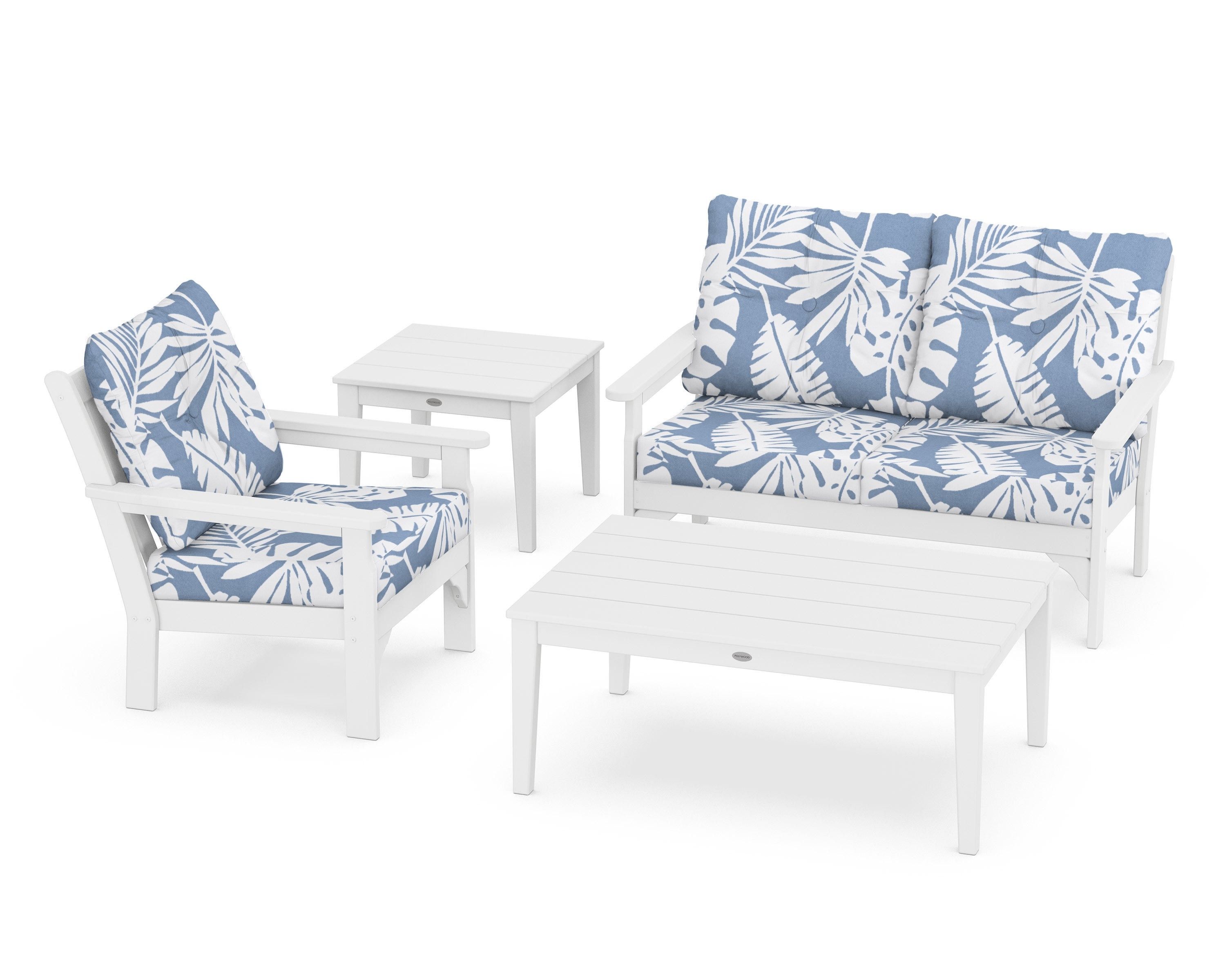 POLYWOOD® Vineyard 4-Piece Deep Seating Set in White / Leaf Sky Blue