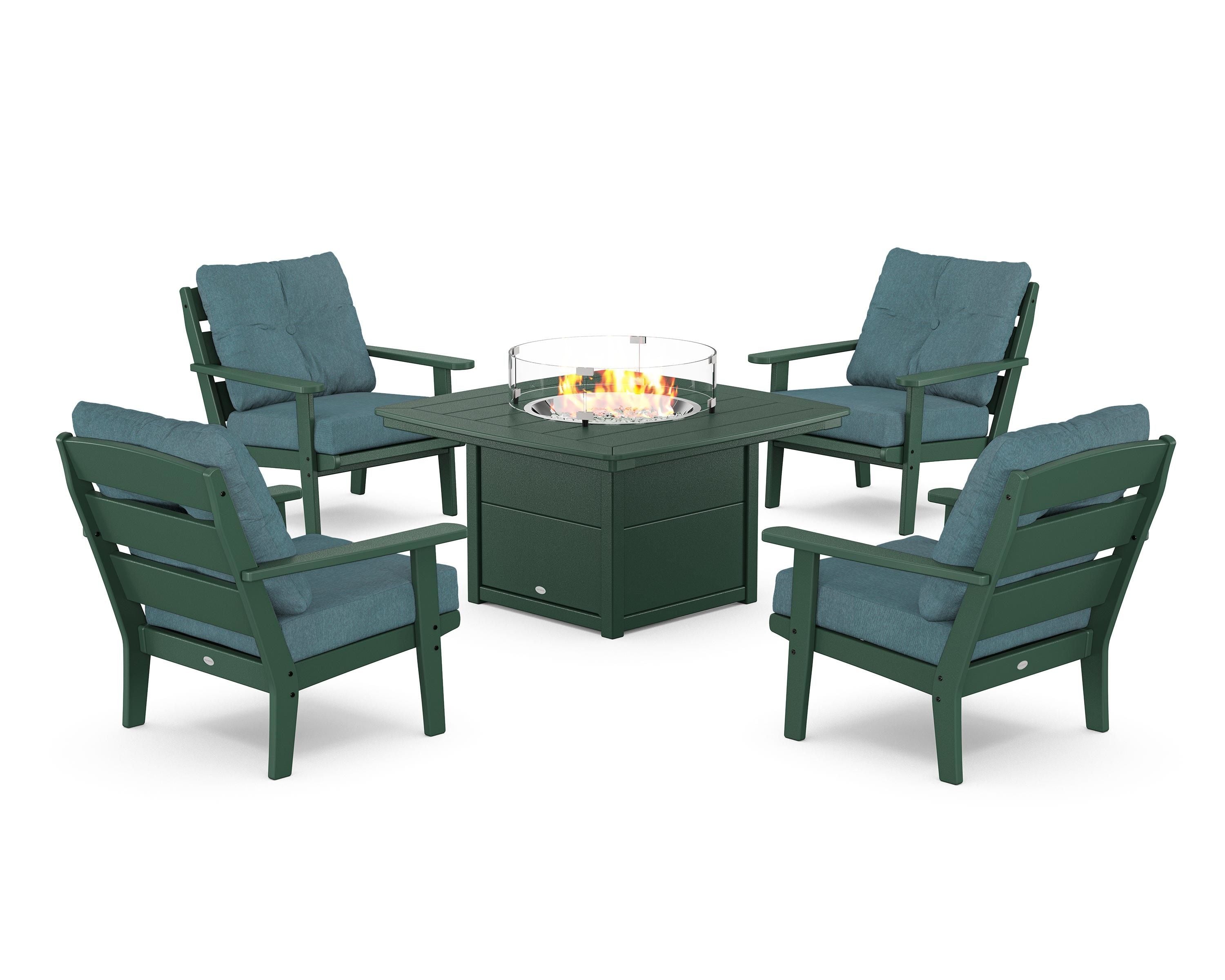 POLYWOOD® Lakeside 5-Piece Deep Seating Set with Nautical Fire Pit Table in Green / Ocean Teal