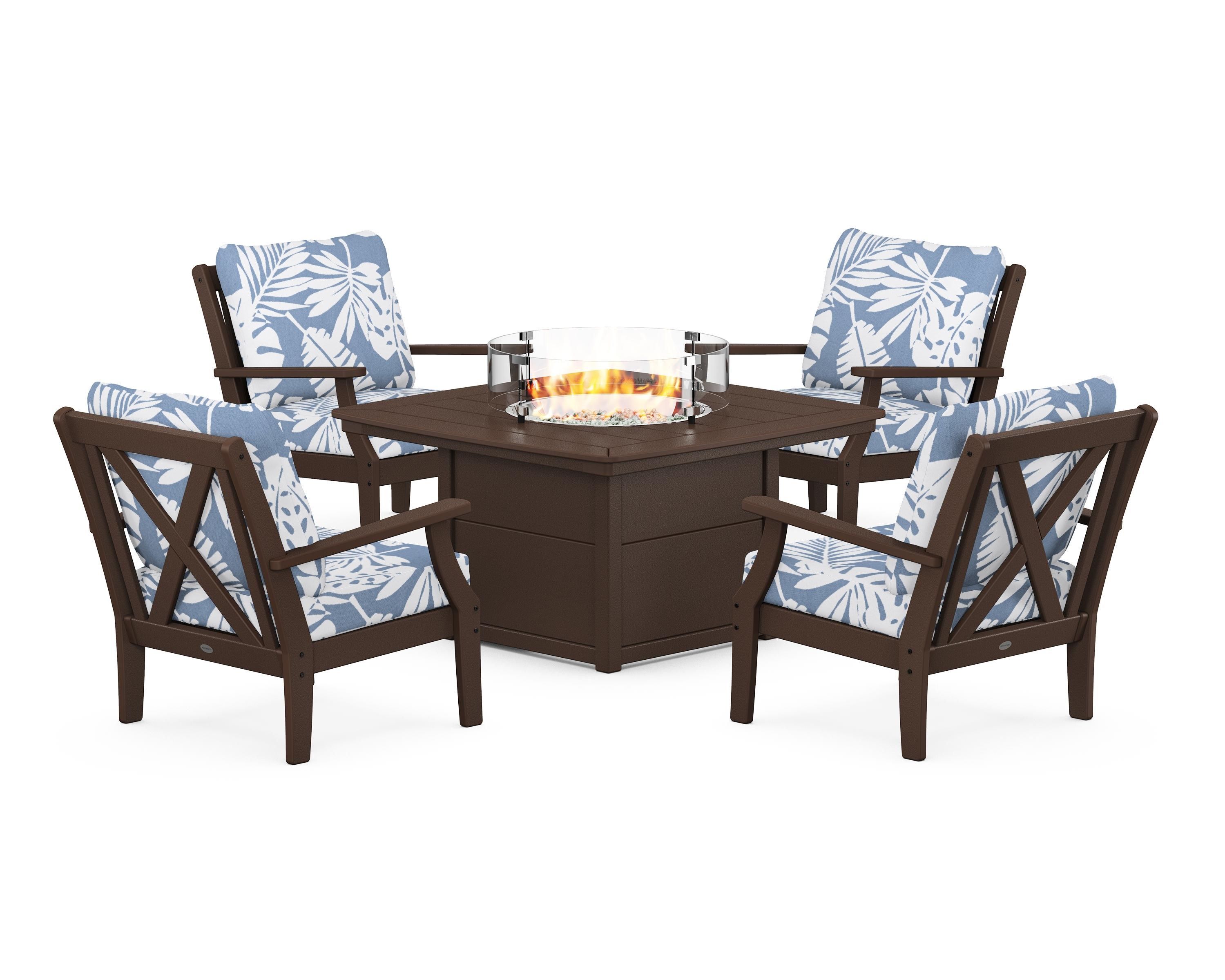 POLYWOOD® Braxton 5-Piece Deep Seating Conversation Set with Fire Pit Table in Mahogany / Leaf Sky Blue