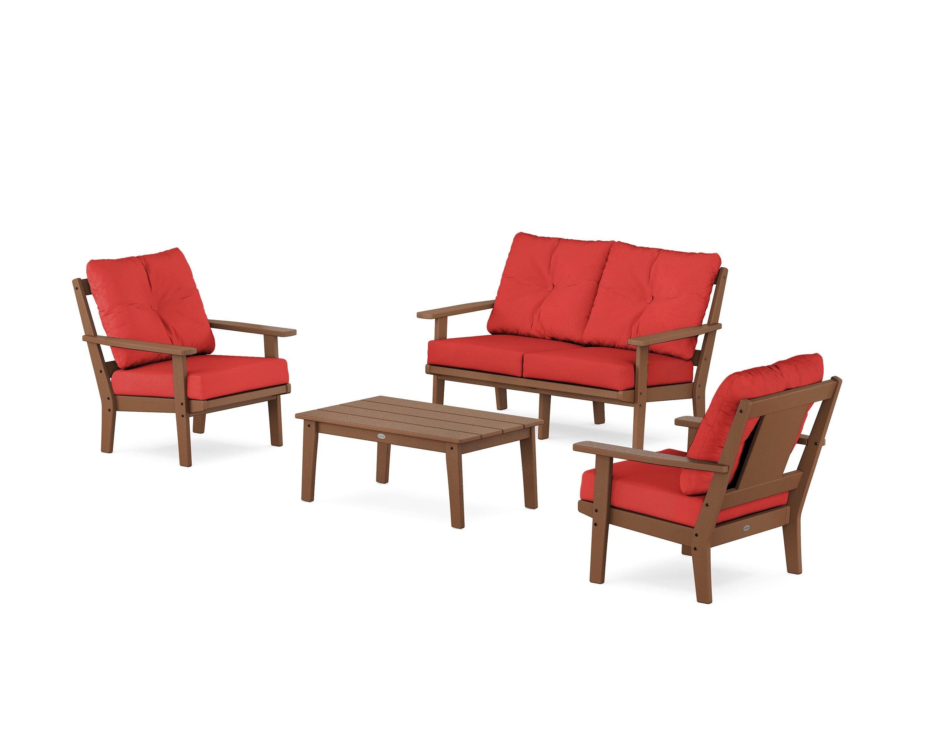 POLYWOOD® Prairie 4-Piece Deep Seating Set with Loveseat in Teak / Crimson Linen