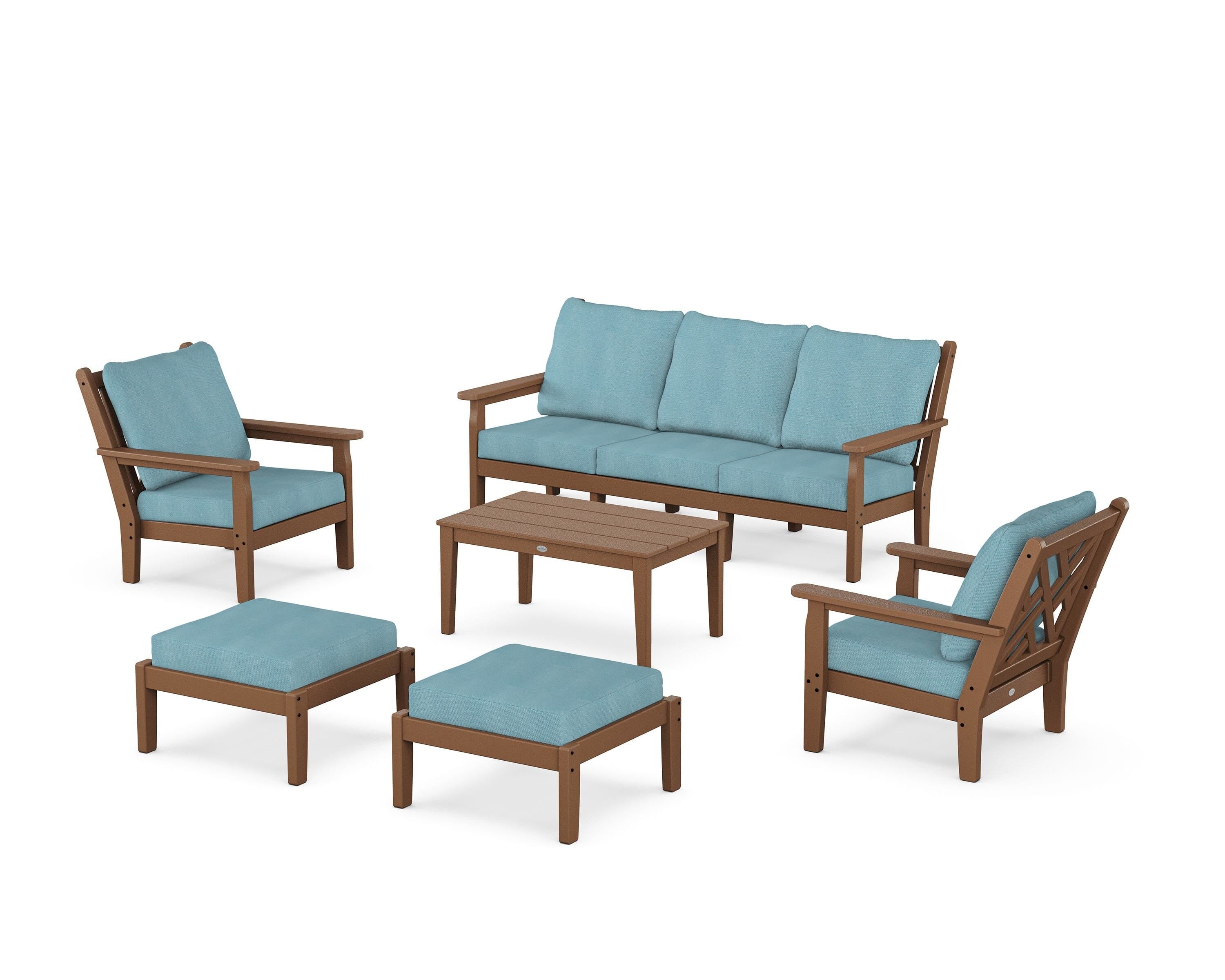 POLYWOOD® Chippendale 6-Piece Lounge Sofa Set in Teak / Lattice Sky Blue