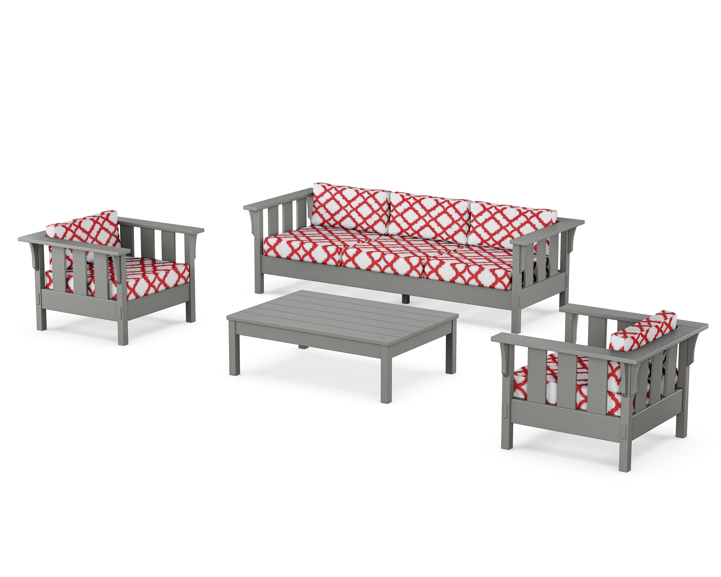 Martha Stewart by POLYWOOD® Acadia 4-Piece Deep Seating Set with Sofa in Slate Grey / Trellis Crimson