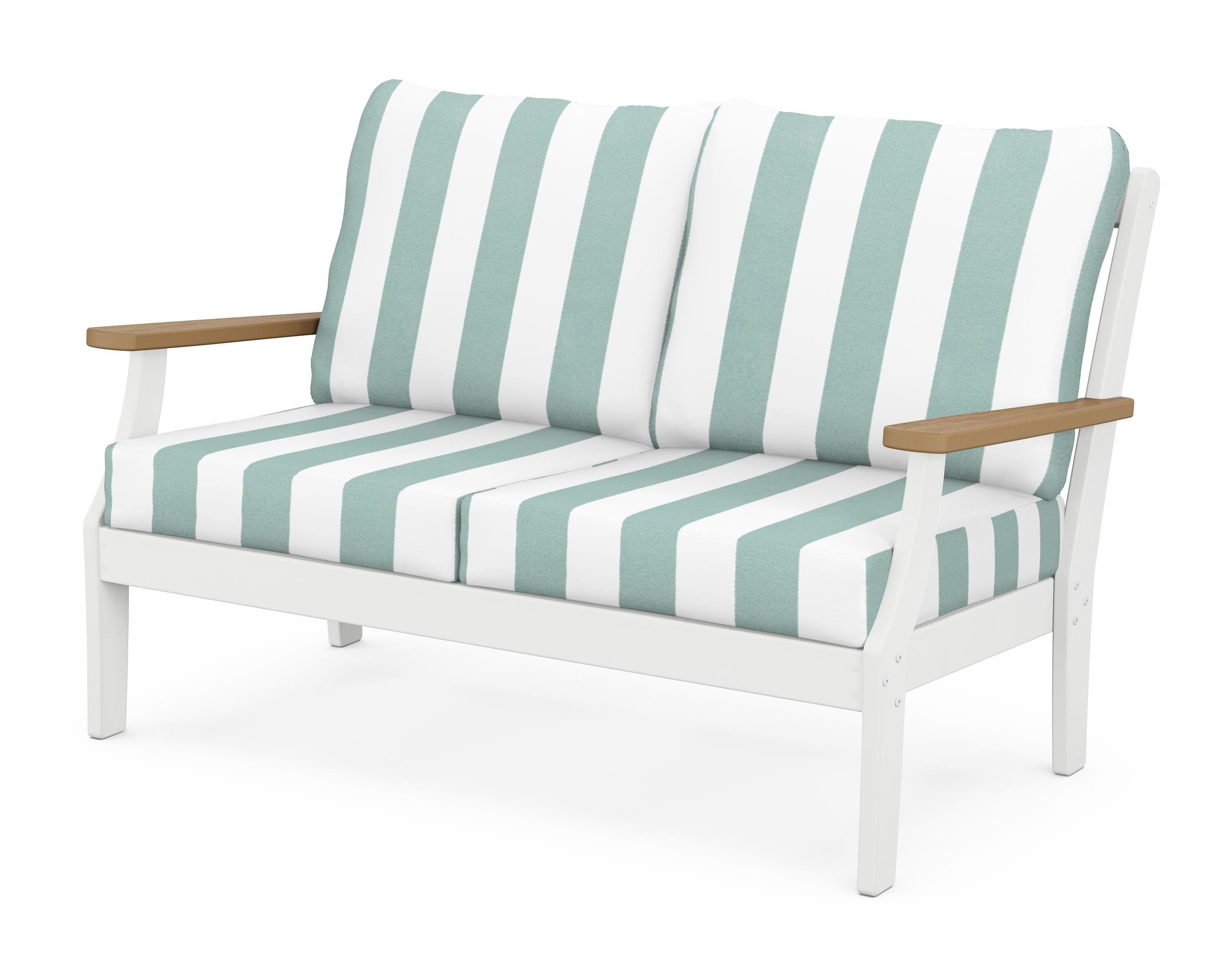 POLYWOOD® Braxton Deep Seating Loveseat in White / Natural / Cabana Stripe Glacier Spa