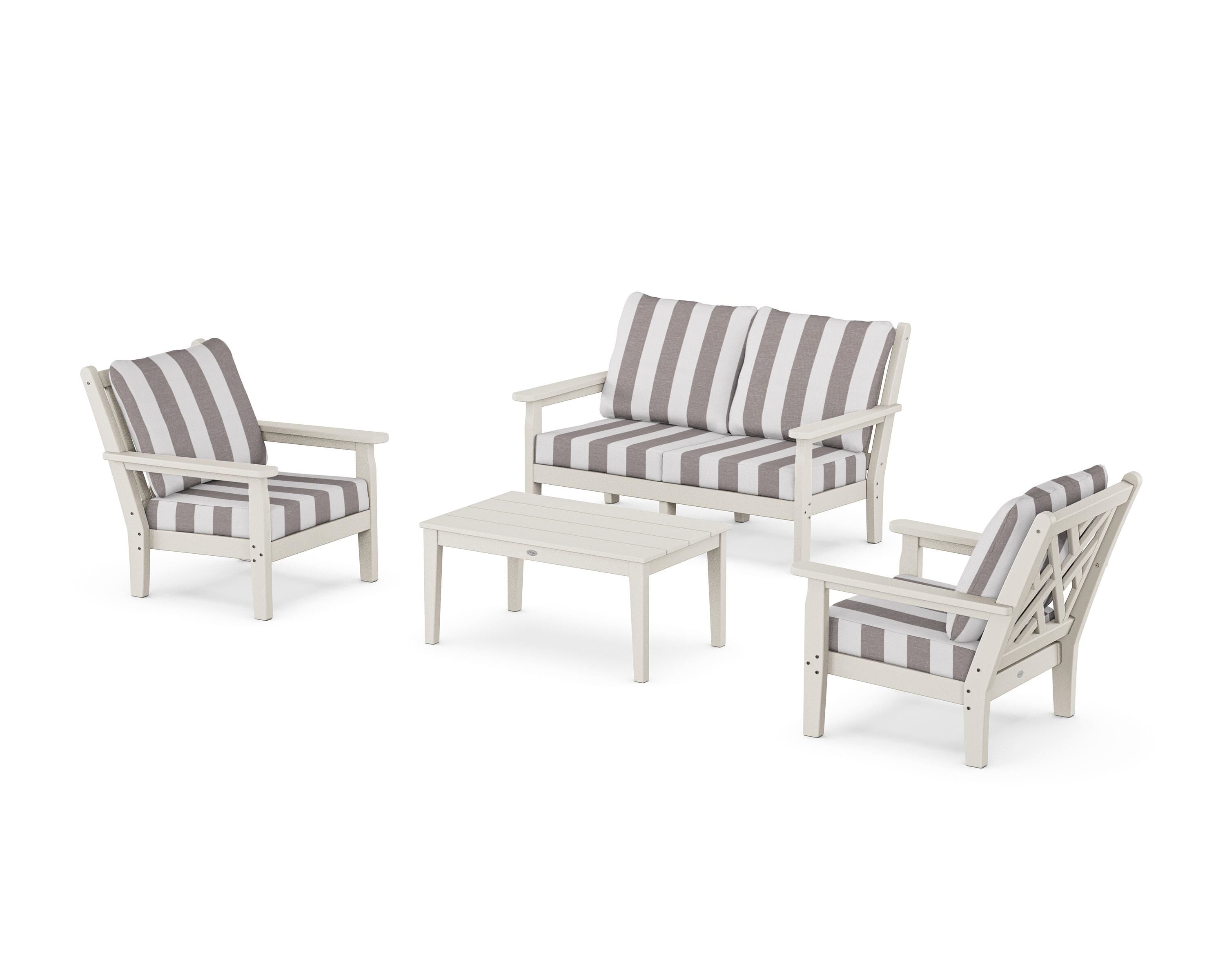 POLYWOOD® Chippendale 4-Piece Deep Seating Set with Loveseat in Sand / Cabana Stripe Grey Mist