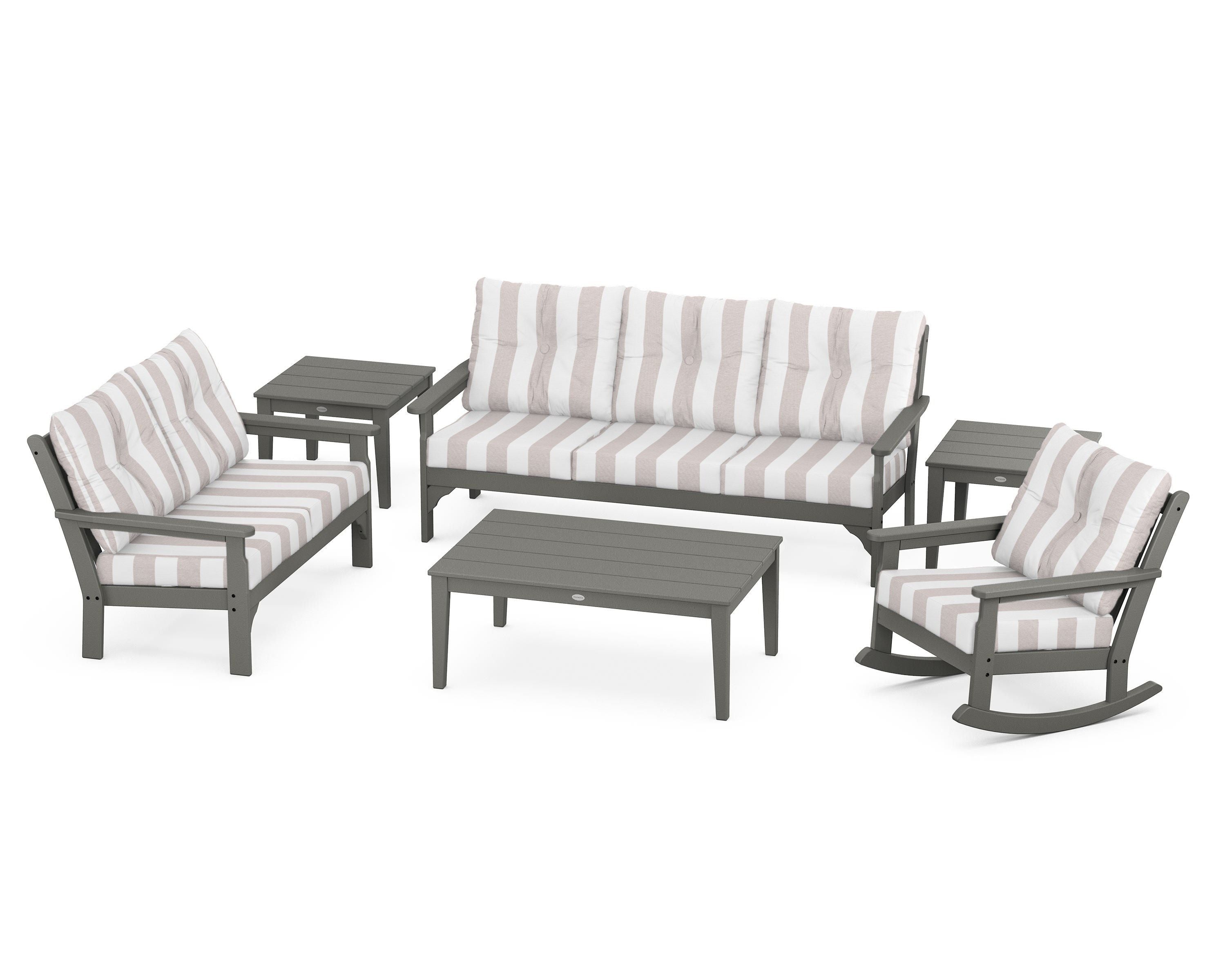 POLYWOOD® Vineyard 6-Piece Deep Seating Set in Slate Grey / Cabana Stripe Dune Burlap