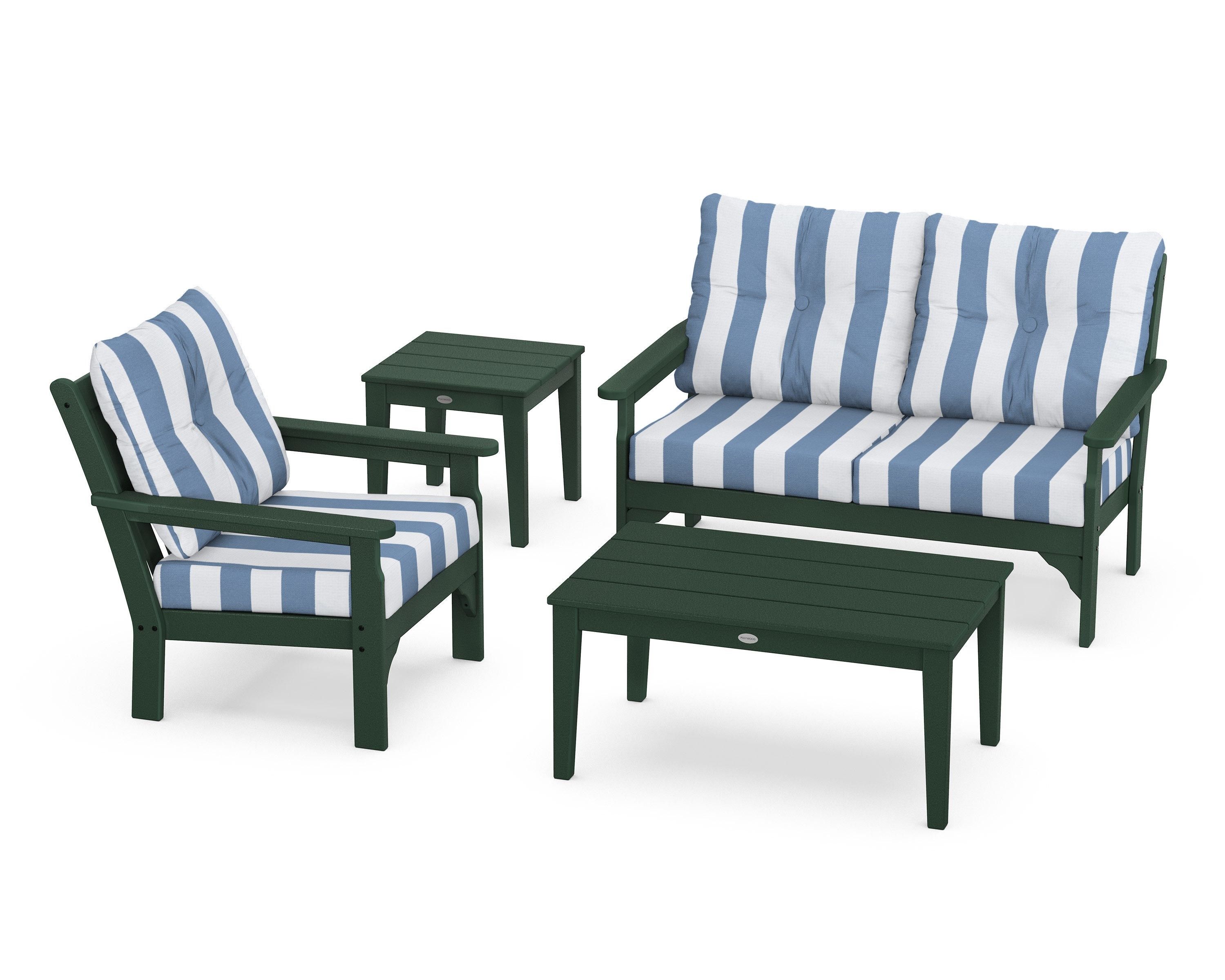 POLYWOOD® Vineyard 4-Piece Deep Seating Set in Green / Cabana Stripe Sky Blue