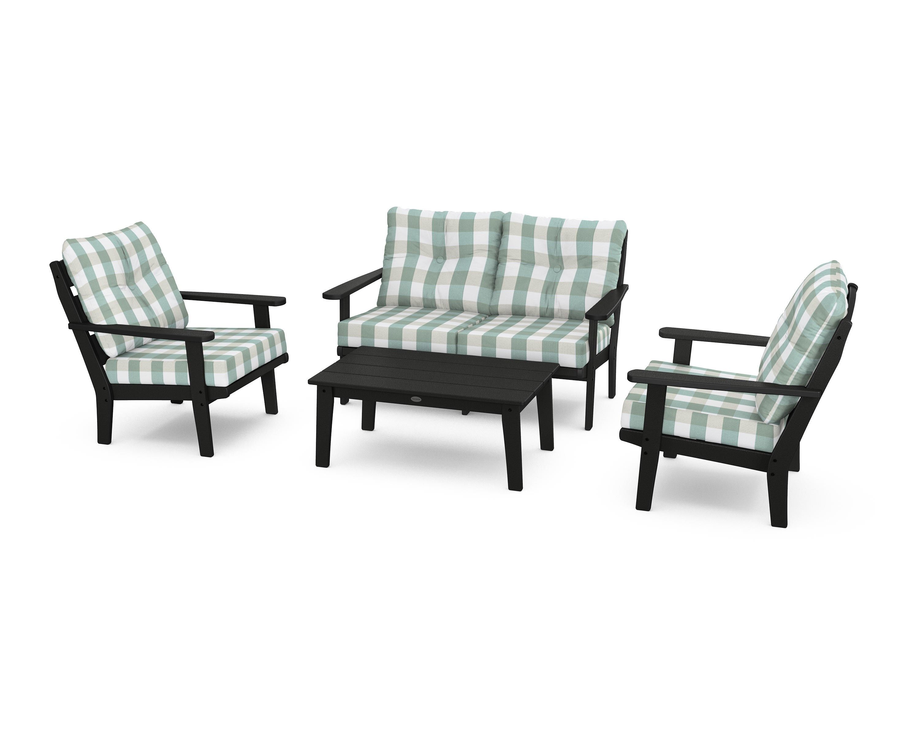 POLYWOOD® Lakeside 4-Piece Deep Seating Set in Black / Buffalo Plaid Glacier Spa